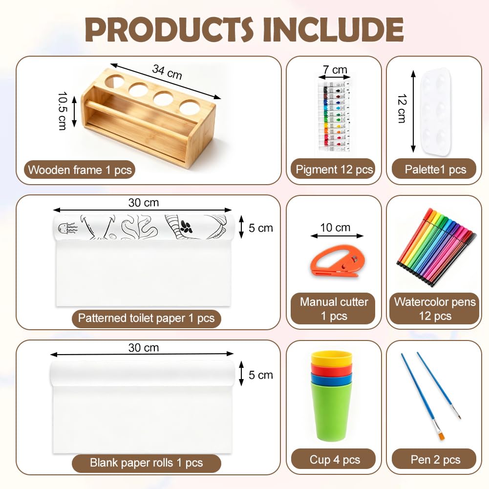 Tisch Malpapier Kinder Maltischdecke mit Bambus-Halter & ungiftigen Farben – Rutschfeste Staffelei – 35-teiliges Kreativ-Set inkl. 12 Stiften, Pinseln, Sicherheits-Papierschneider & Papierrolle