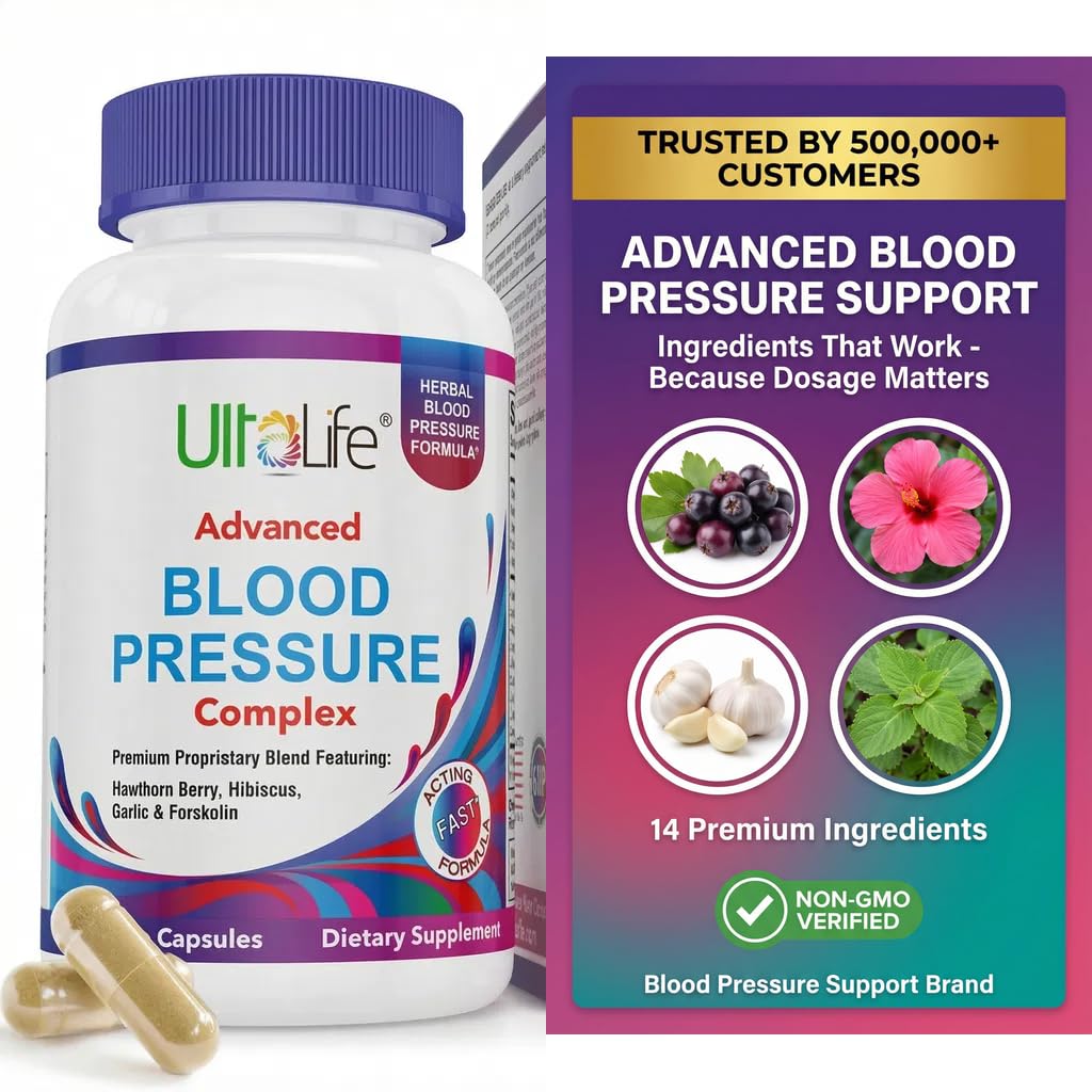 ULTALIFE Blood Pressure Supplements - Advanced Blood Pressure Supplement Complex - Hawthorn Berry, Hibiscus, Garlic, Forskolin - 14 Vitamins & Herbs, 30 Day Supply in Veggie Capsules