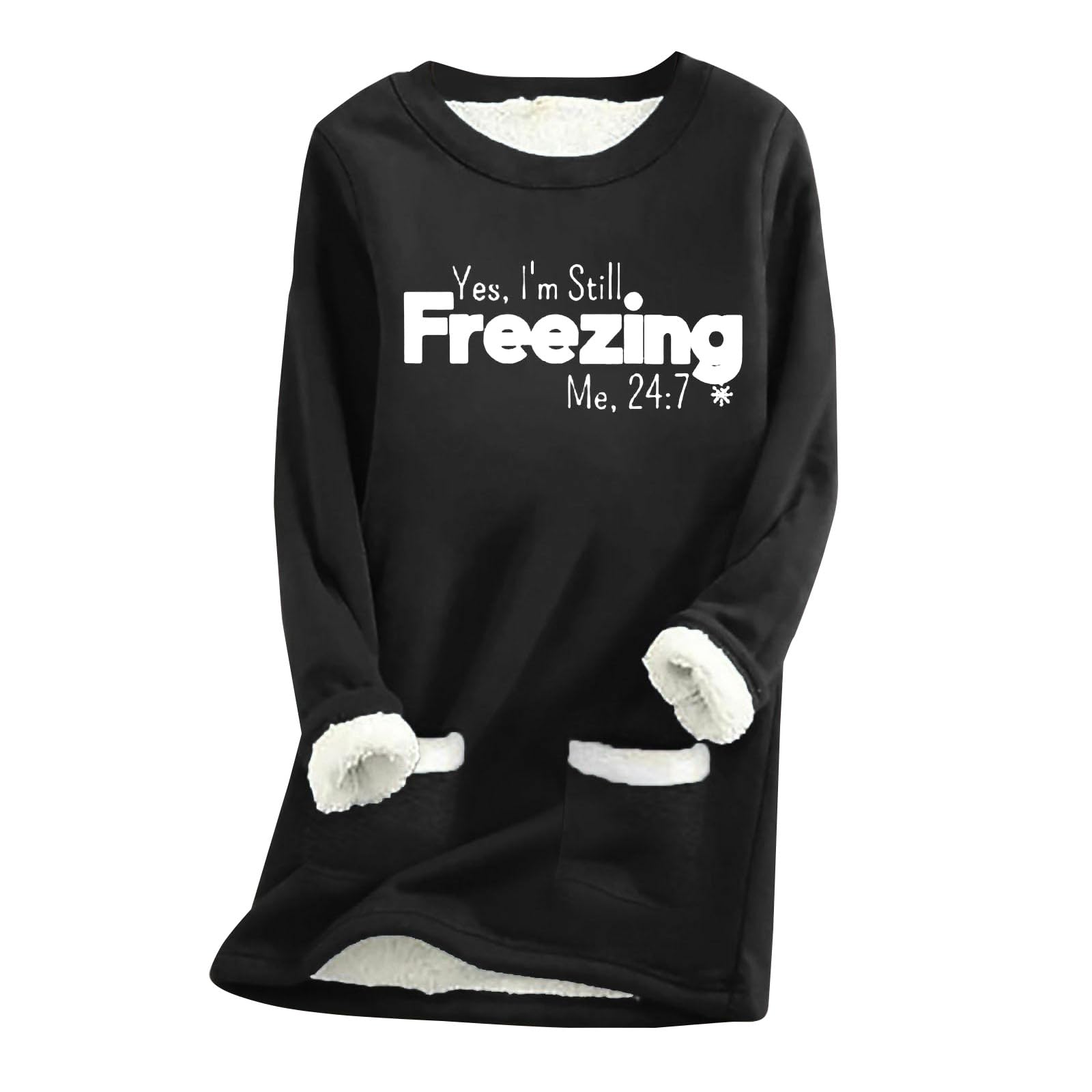 GenericThick Fleece Warm Sweatshirt for Women UK Thermal Jumpers Tops Winter Fashion Casual Long Sleeve Letter Print Pullover Sweater Coat with Pockets