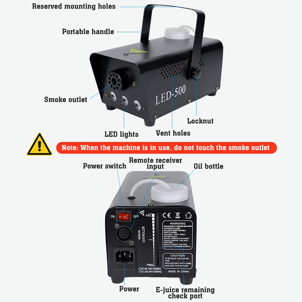 Mini máquina de humo de 500 W, con mando a distancia y efecto de luz RGB, portátil, para Halloween, Navidad, boda, DJ, discoteca, fiesta (color negro)