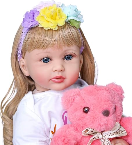 Miniatura 4 de Muñeca realista Reborn de silicona de 24 pulgadas, muñeca de bebé realista Reborn niña, cabello rubio rizado, ojos azules, cuerpo de tela suave para