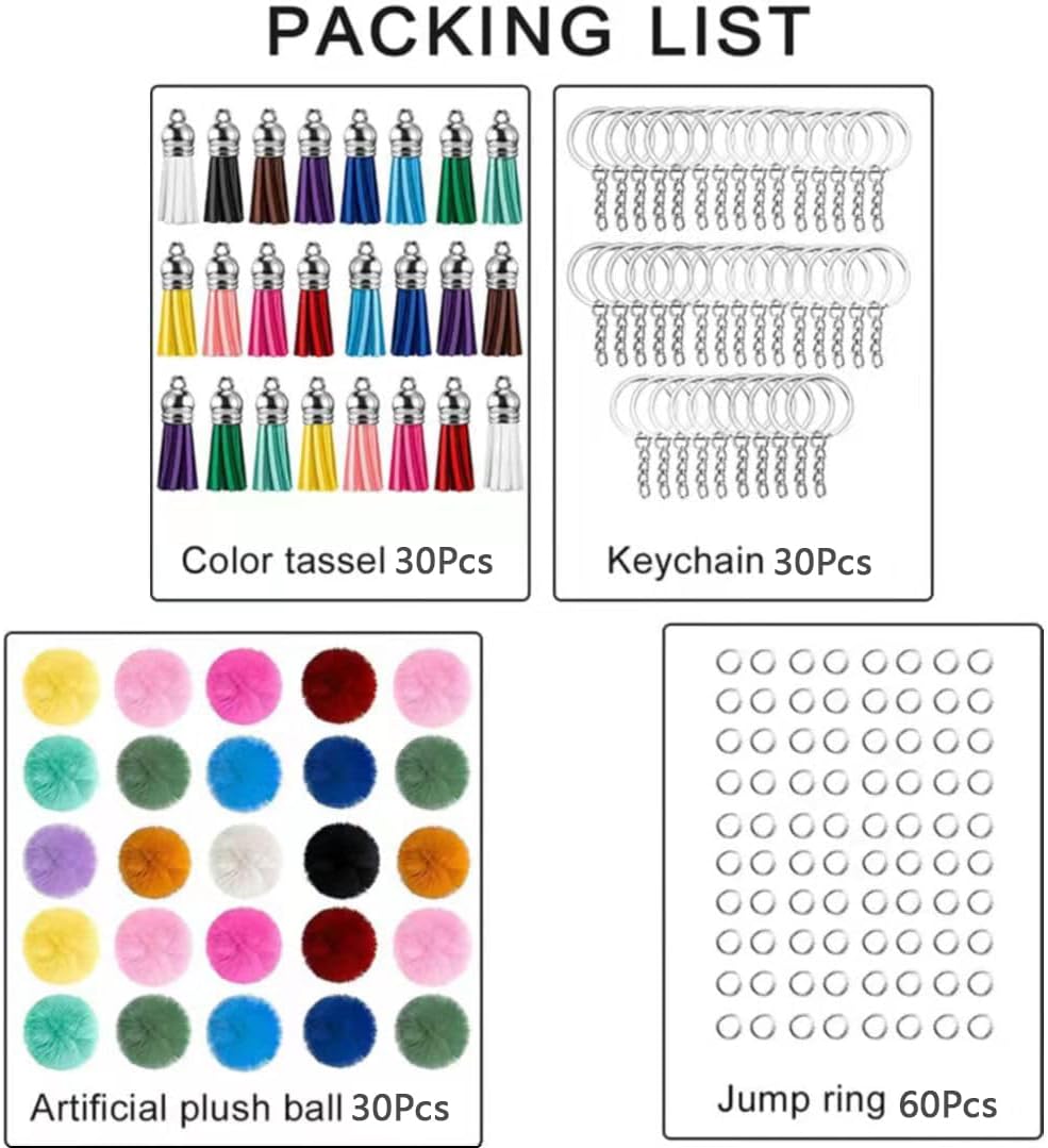 150 Pcs Faux Fur Pom Pom Keychain Tassels, BetterJonny 30 Pcs 2.4inch Multicolor Pom Poms Keychains 30 Pcs Tassels 30Pcs Keyrings with 60Pcs Open Rings for DIY Tassel Keychain Accessories