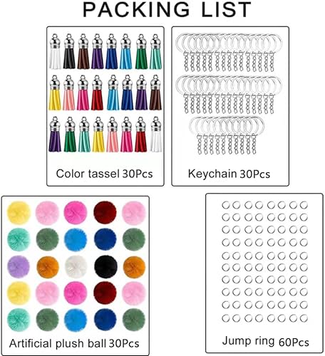 Miniatura 2 de BetterJonny - 150 borlas de piel sintética, 30 llaveros de pompones multicolor de 2.4 pulgadas, 30 borlas, 30 llaveros con 60 anillos abiertos para