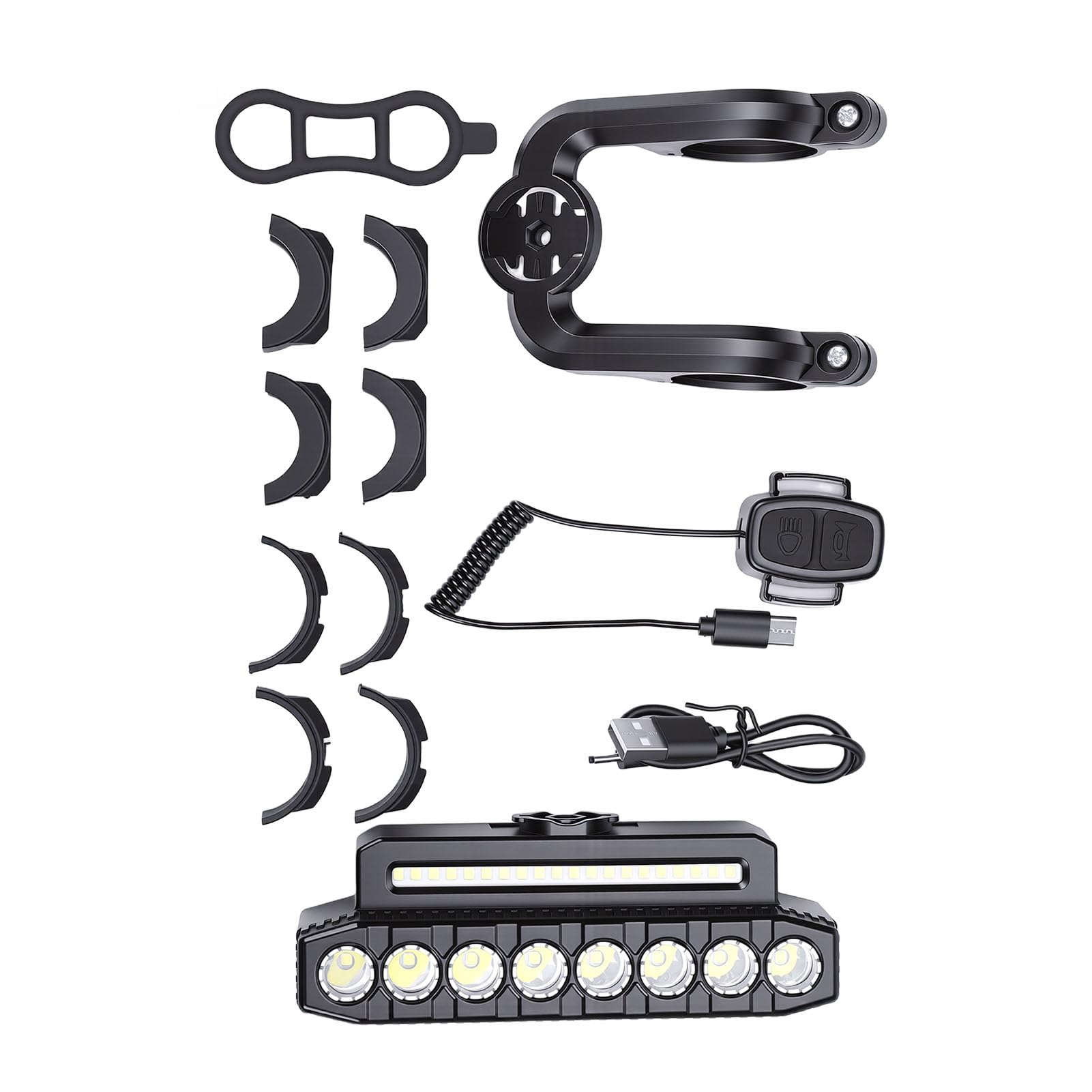 Alomejor Fahrradlicht, 8 LEDs, Wiederaufladbarer USB-Scheinwerfer mit Hupe, 6 Modi, Powerbank-Funktion, IP44 Wasserdicht, für die Sicherheit von Mountainbike- und Off-Road-Fahrrädern