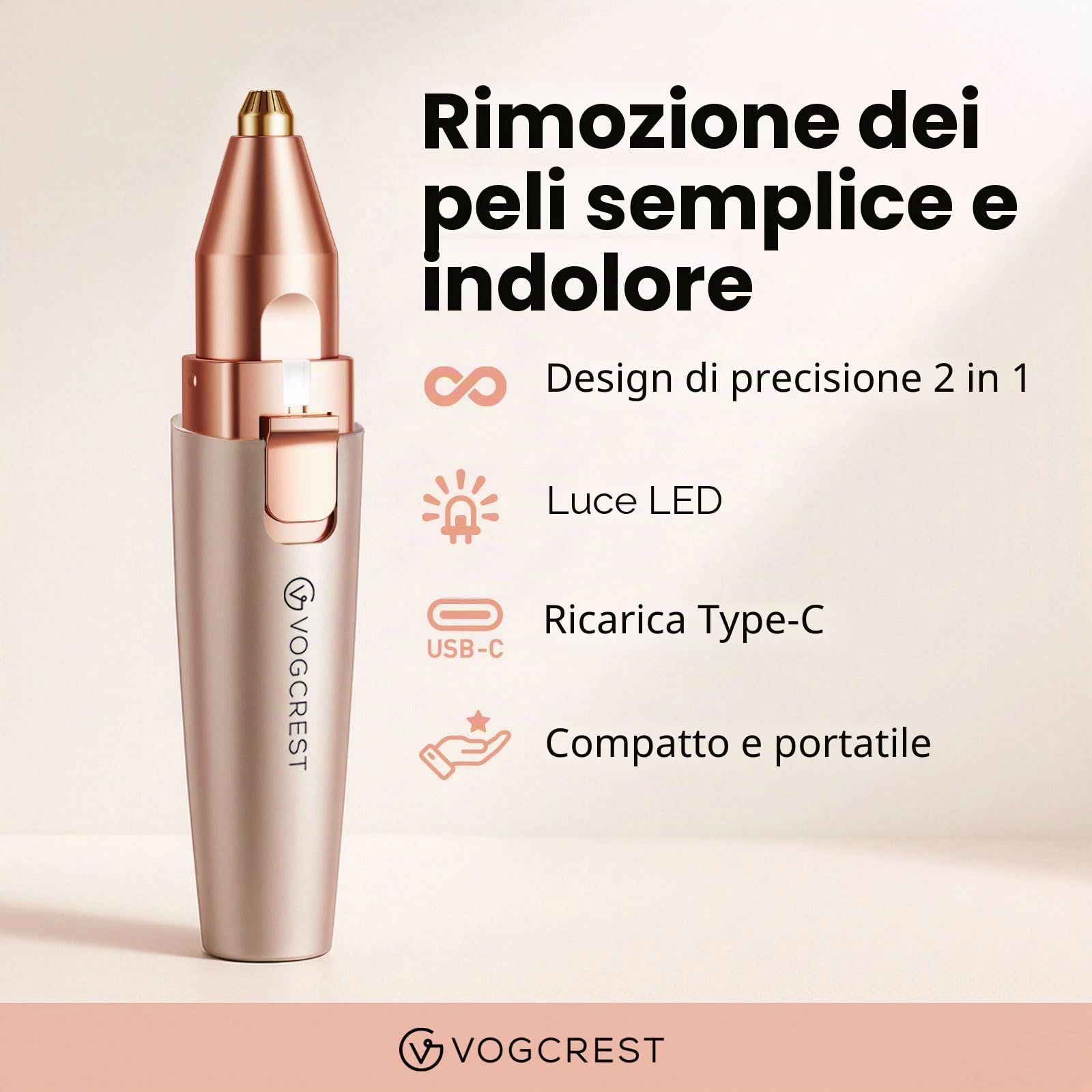 VG VOGCREST Rasoio per sopracciglia e viso: 2 in 1 ricaricabile per la rimozione dei peli del viso e rasoio per sopracciglia, rasoio per il corpo con luce LED integrata (oro rosa)