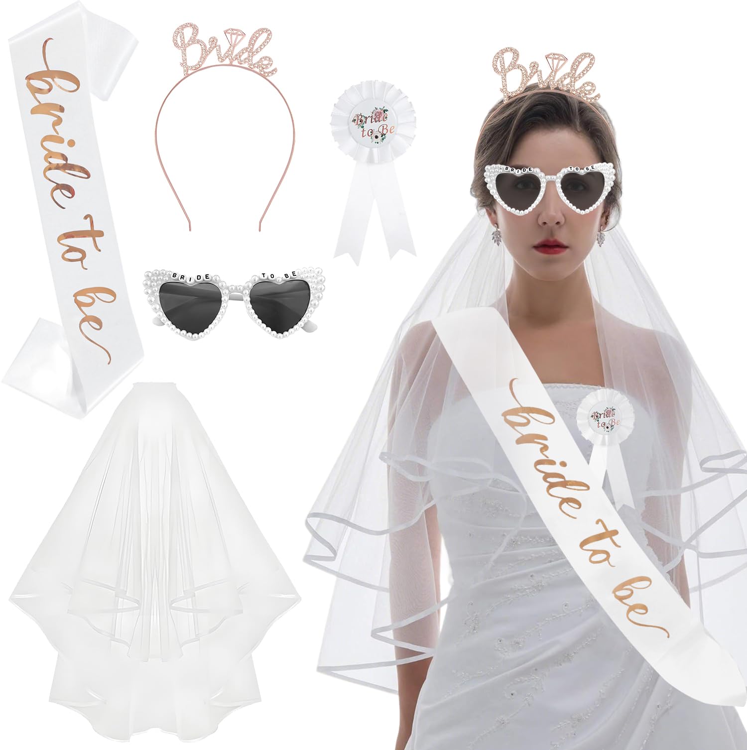 VLYX 5-Piece Hen Party Accessories Set: Bride to Be Veil with Pearl Sunglasses, Headband, Badges, Straps | Hen Do Veil & Decorations | Bridal Shower Gift