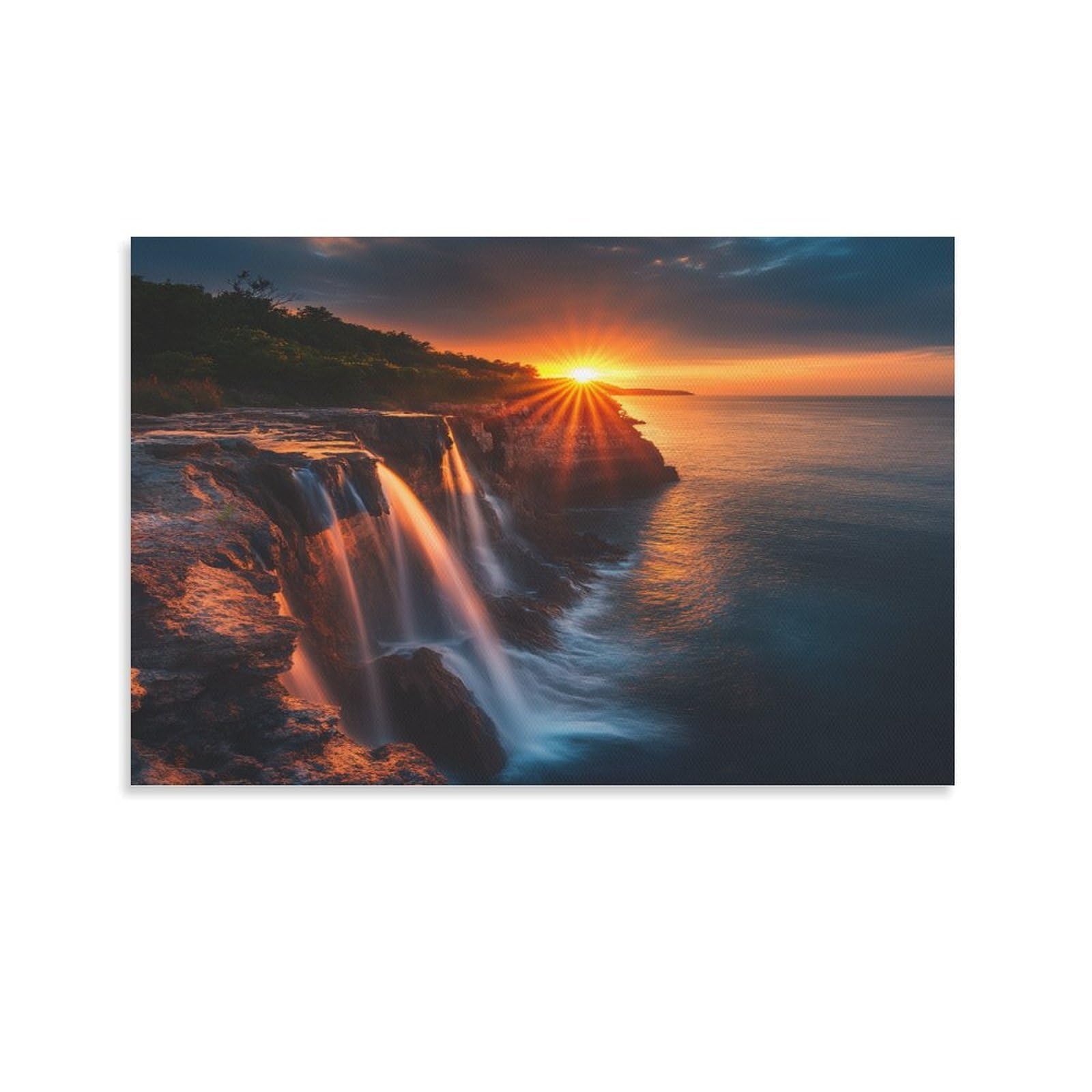 Euumkoo Unframed Coastal Waterfall Canvas Wall Art, Seaside Sunset Scenery Picture Painting On Canvas, Print Poster Decoration Artwork For Home Living Room Bedroom Wall Decor 16X24inch(40X60cm)