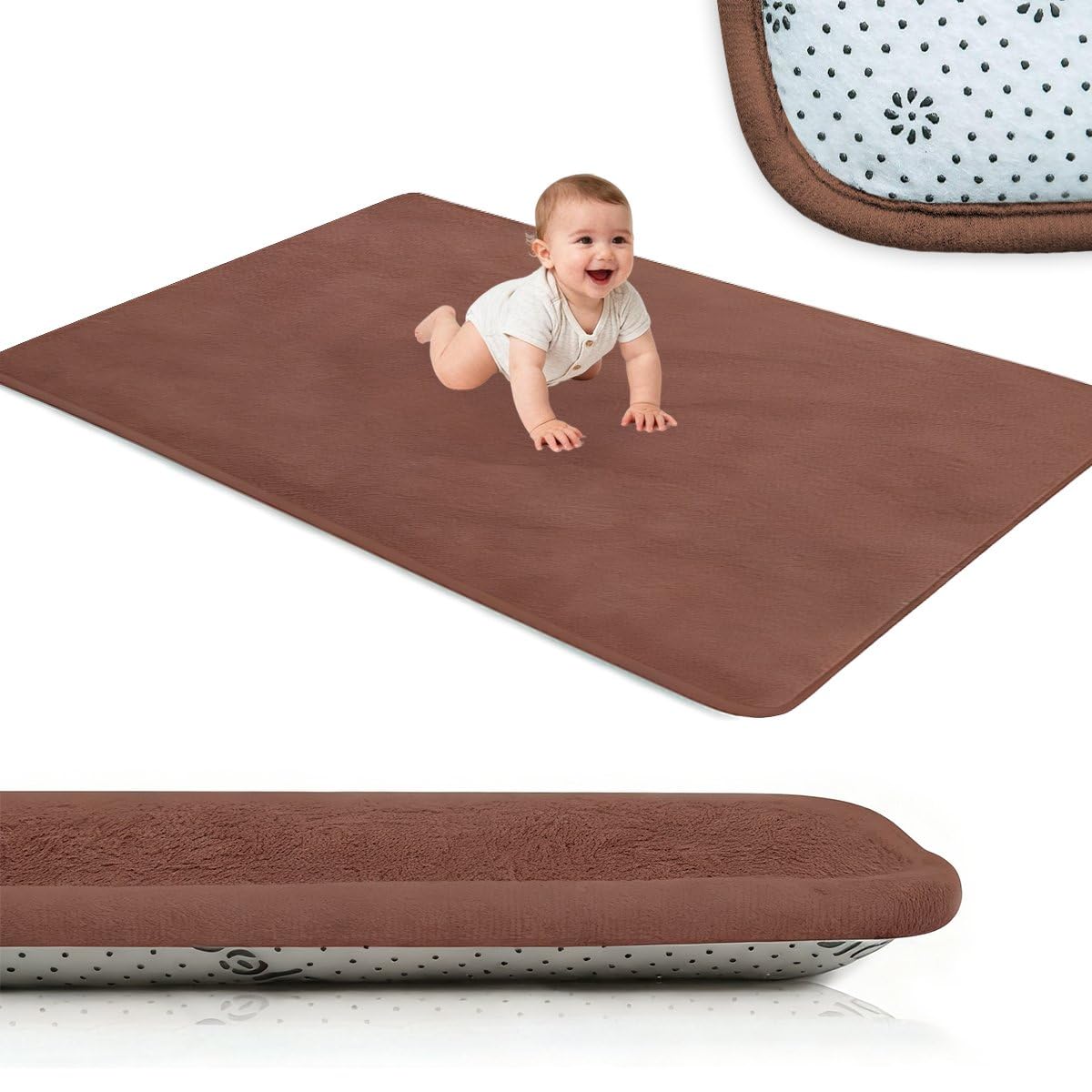 Voxirum Baby Play Mat, Baby Foam Play Mat,1.18" Thick Memory Foam Crawling Mat, Coral Velvet Activity Rug, Soft Padded Playmat for Playpen, Tummy Time & Baby Gym Coffee Brown, 70 x 130 cm