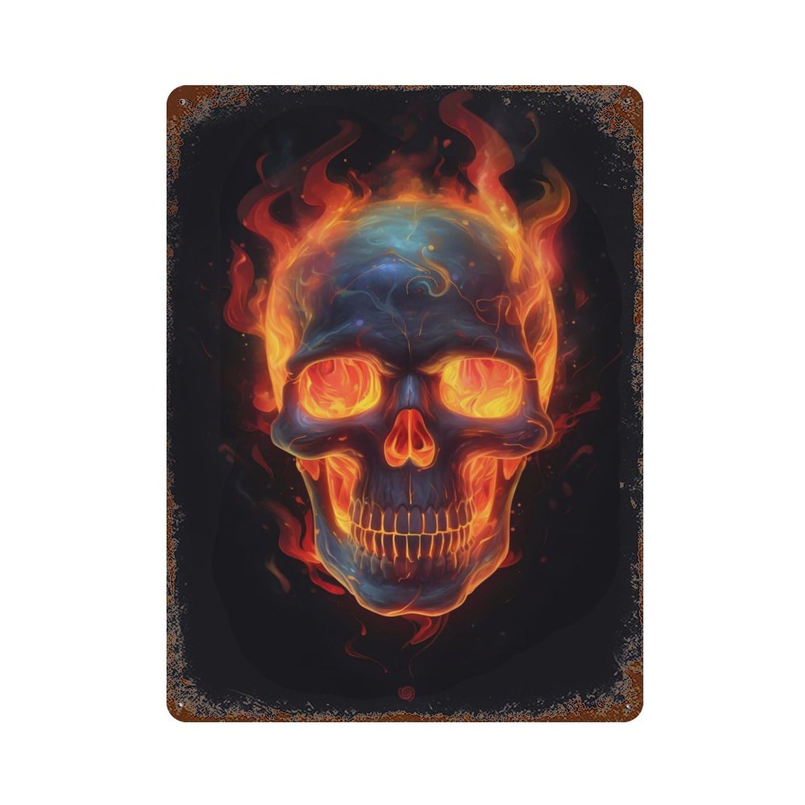 Distressed Metal Wall Sign Fire Skull 15.7"x11.8", Retro Wall Decor for Basement, Hobby Room And Garage Decor
