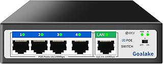 Goalake PoE+ Switch 5 Port 100Mbps（4 PoE Ports +1 Uplink), 802.3af/at, 52W for all PoE Ports, AI Extended to 250m, Ideal for IP Surveillance and Access Point, Desktop/Wall Mount(Unmanaged)