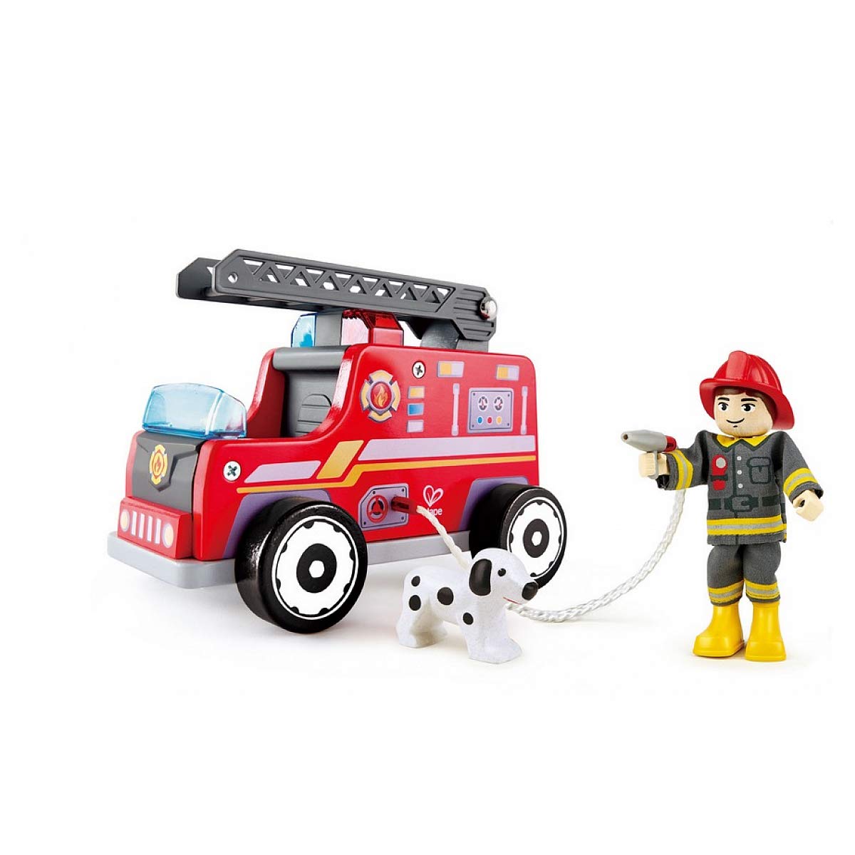 Fire Truck Playset| Wooden Fire Engine Toy with Action Figure & Rescue Dog