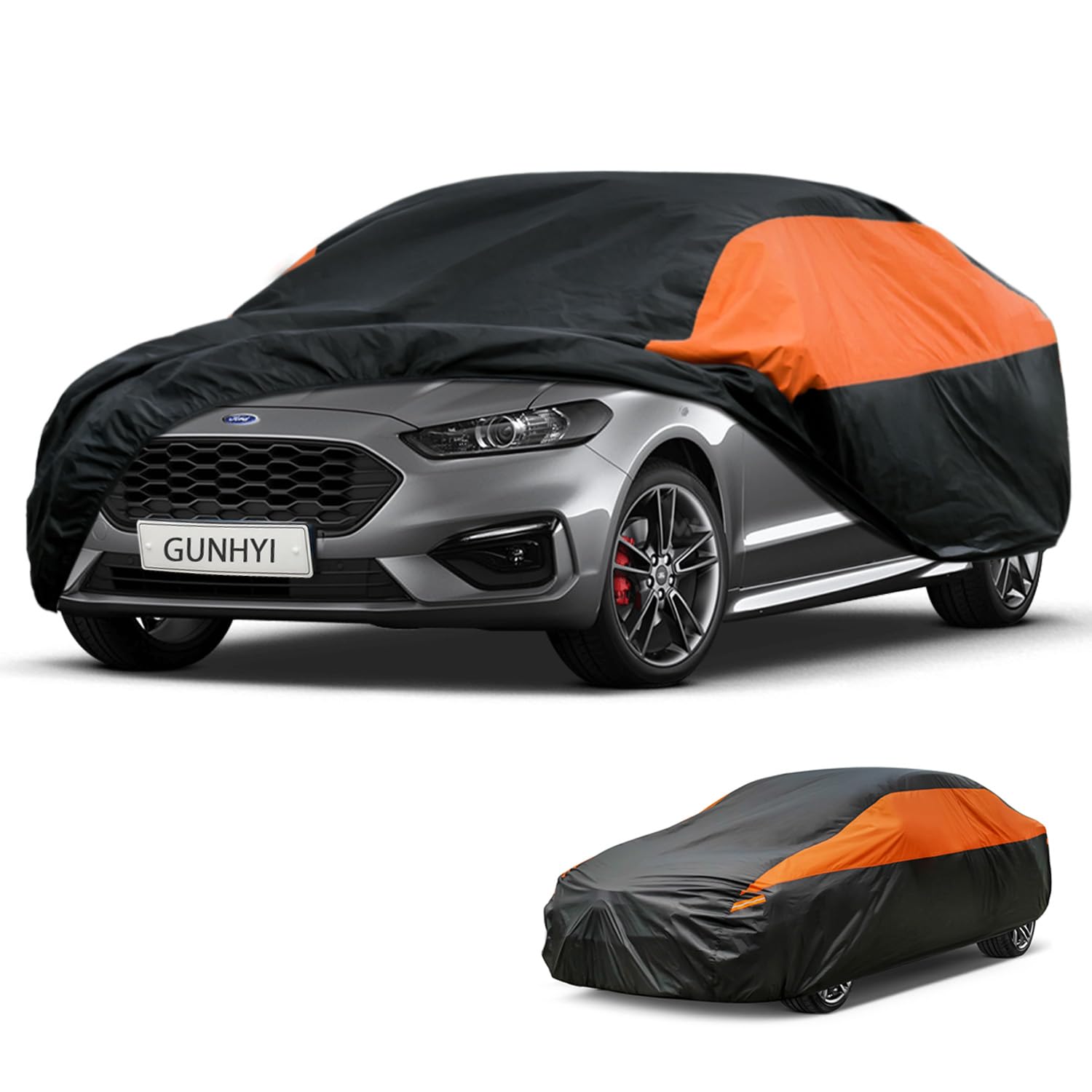 GUNHYI Waterproof Lightweight Sedan Full Car Cover Custom Fit Ford Mondeo | All‑weather Outdoor sun/rain/dust/snow/wind/UV protection, breathable tear‑resistant fabric, black‑orange design,storage bag