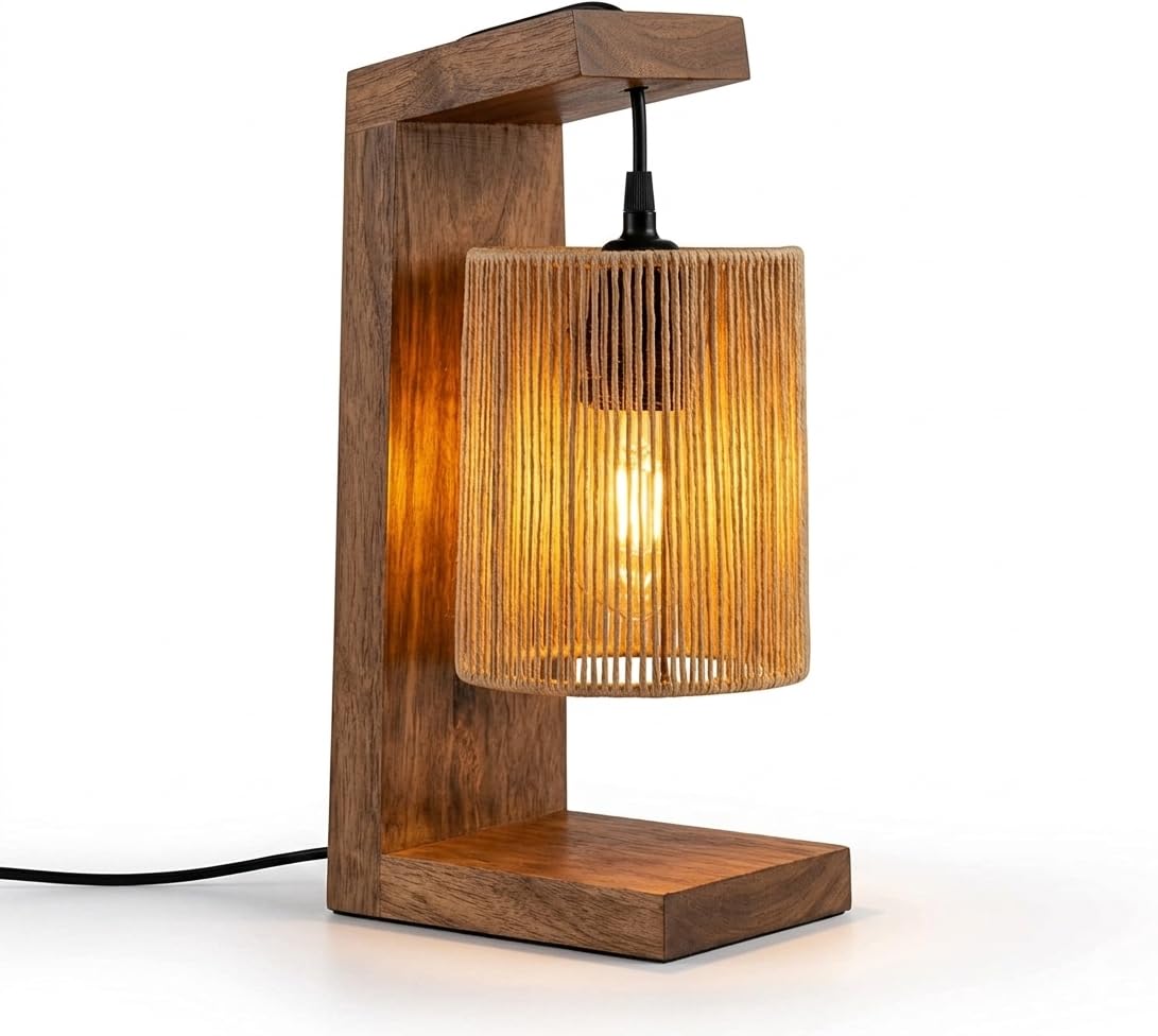 Modern Wooden Table Lamp with Raffia Shade | Handmade Bedside Lamp | Warm Ambient Light | Solid Wood Frame for Bedroom, Living Room & Home Decor (Walnut Finish, 13.8 Inch)-image-24