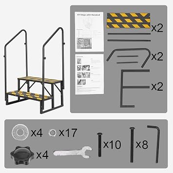GROWNEER RV Steps with Handrails, 2 Step RV Stairs, Triangular Bracing Structure Supports Up to 730 lbs, Non-Slip RV Entry Steps for Travel Trailer Camper, Heavy Duty Portable RV Ladder,Hot Tub, Pets