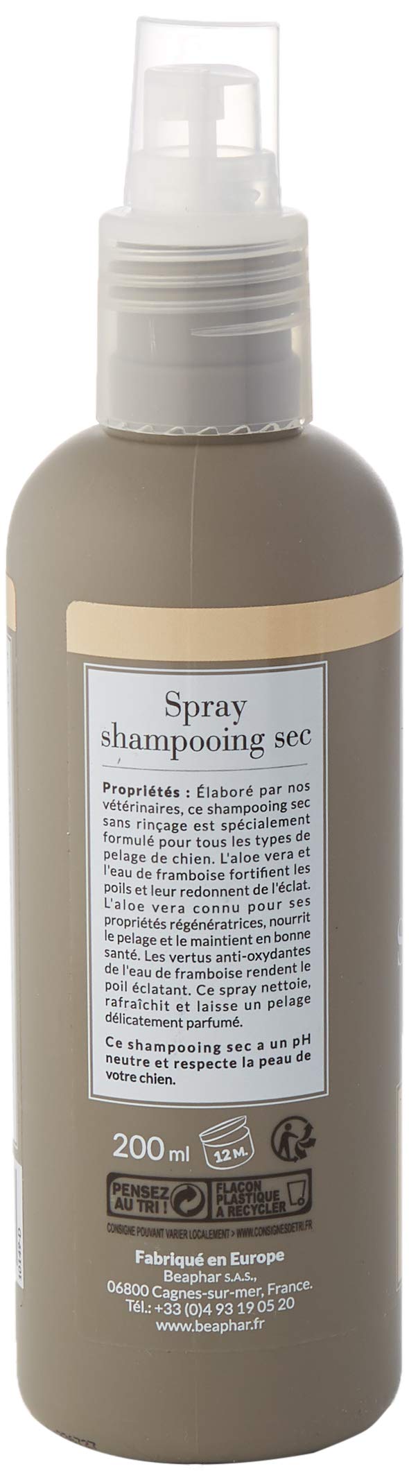 BEAPHAR – Spray Shampoing Sec Premium Ultra-Doux pour Chien – Extraits naturels d'Aloe Vera et de l'eau de Framboise – Fortifie et redonne de l'éclat au Poil – Prêt à l'emploi, sans rinçage – 200 ML