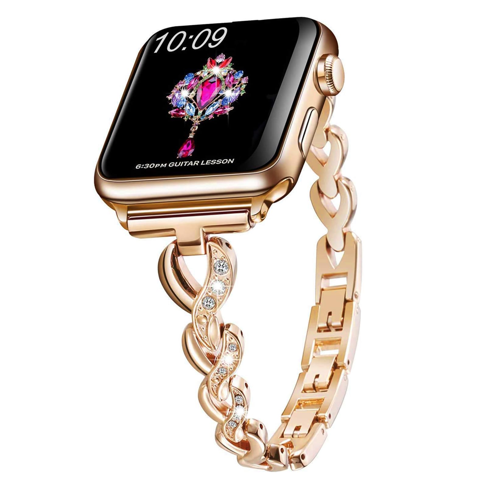 Rose Gold Band for Apple Watch, Bling Jewelry Strap for Women Compatible with 38mm 40mm 41mm 42mm iWatch Series 1-11 & SE, Elegant Heart Links Bracelet Wristband