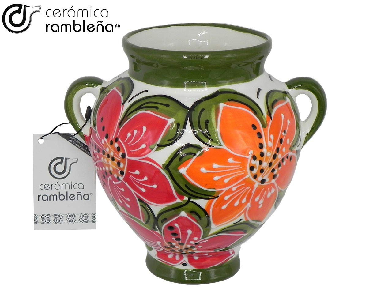 CERAMICA RAMBLENA Vaso Sospeso In Terracotta Verde - Modello D124 Decorato A Mano - 21x16x23 Cm - Ideale Per Patio E Giardino Stile Mediterraneo