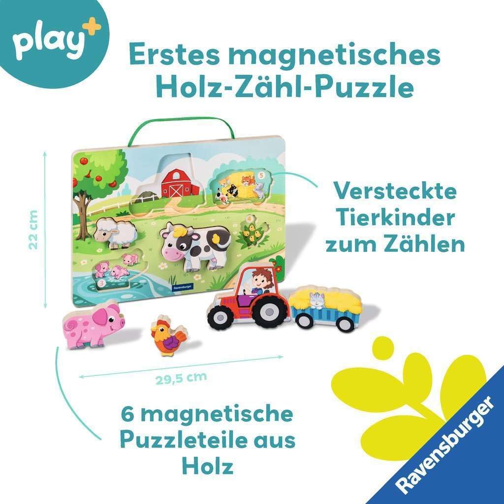 Ravensburger Play+ Wooden Magnetic Counting Jigsaw Puzzle - Farm - From 12 Months