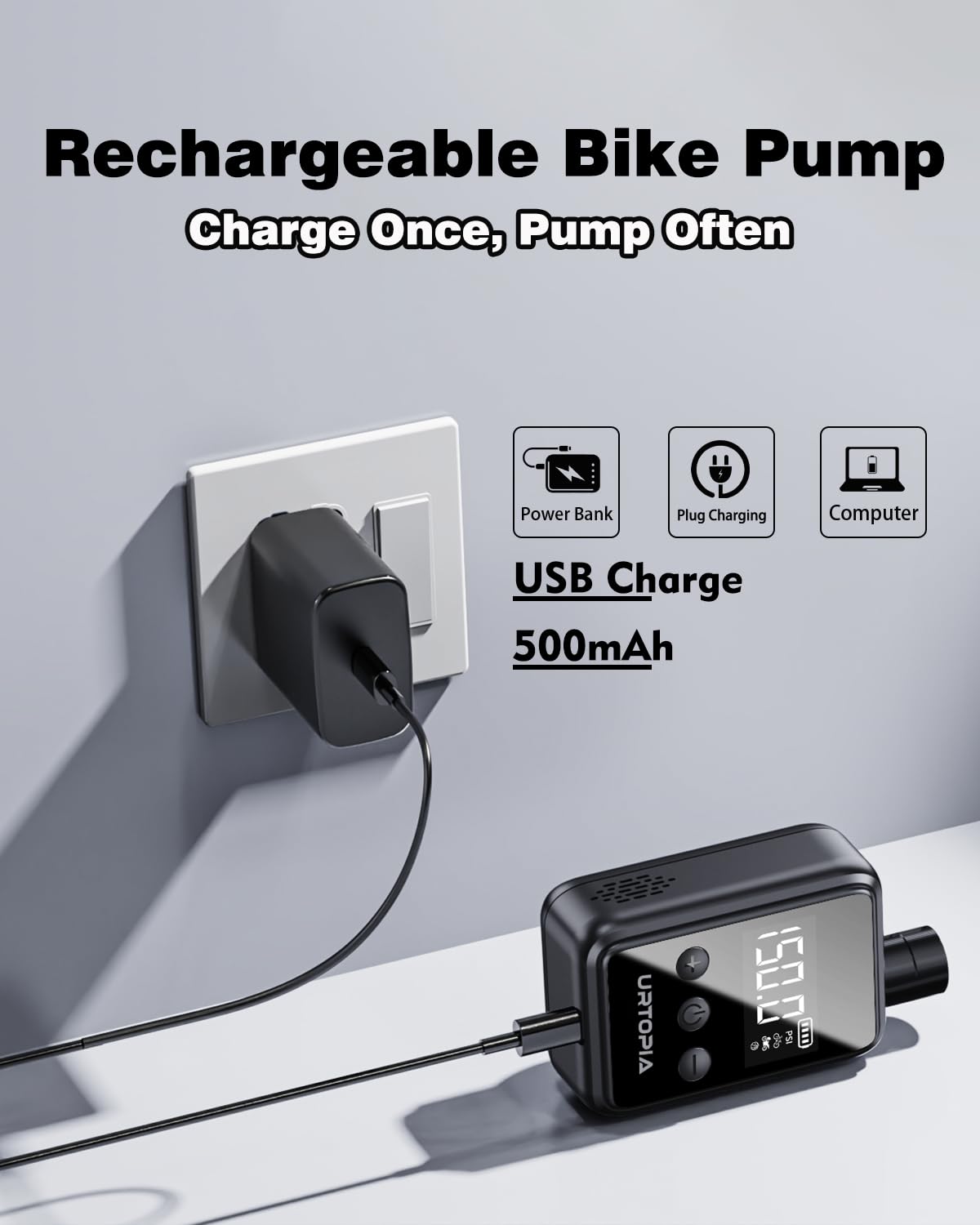 URTOPIA Mini Bike Tire Pump, Fast Inflate Bicycle Pump with Gauge, Rechargeable 150PSI Portable Electric Bike Air Pump with Presta and Schrader Valve for Road Bike, Ebike, Motorcycle, Ball