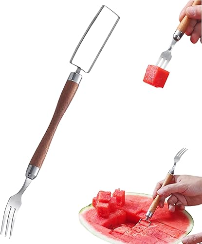 Cuchillos de frutas 2 en 1 cortador de tenedor de sandía de acero inoxidable de grado alimenticio con mango de madera portátil