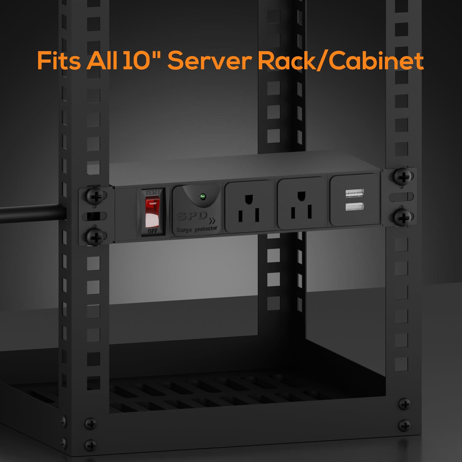 PDU rack 10 pouces, 1U 6 sorties (2 pouces avant, 4 pouces arrière), protection contre les surtensions 1020J et interrupteur de surcharge 15A et 2 USB-A, bandes d'alimentation