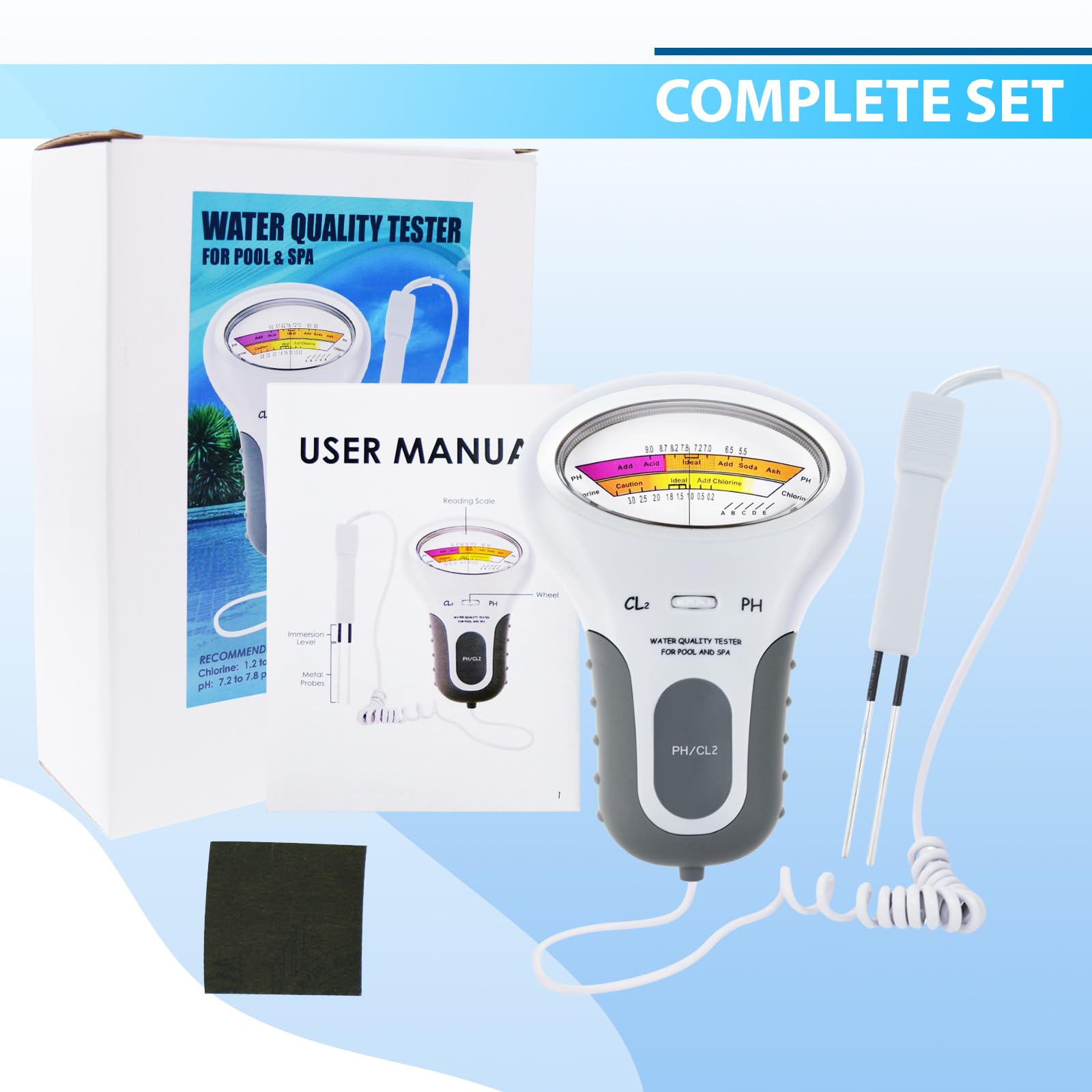 Testeur d'Eau 2en1 pH & Chlore Pour Piscines, Spas, Aquariums et Eau du Robinet Lecture Facile, Kit de Test Précis pour Usage Domestique