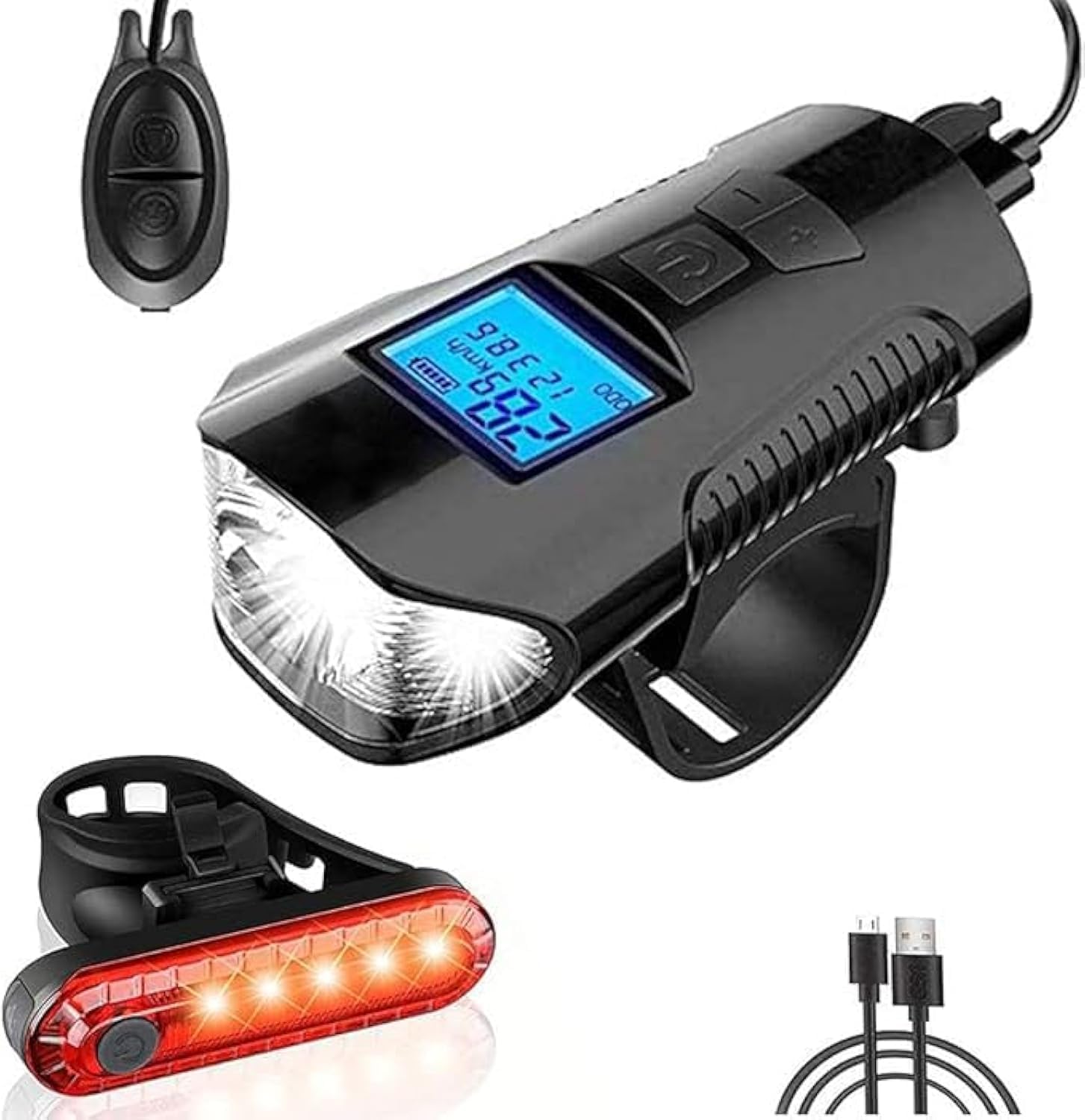 Rechargeable Bike Lights Set – Front and Tail LED Torch, USB & Solar Charging, 4-in-1 Bicycle Light with Loudspeaker, 4 Flash Modes, Waterproof Safety Lights