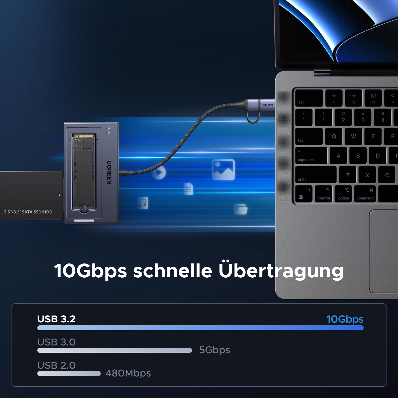 UGREEN 2 in 1 M.2 NVMe SATA USB Adapter, 10Gbps Festplatten Adapter für M.2 NVMe SSDs und 2,5/3,5 Zoll SATA HDD & SSD, Festplatten Dockingstation kompatibel mit Windows, MacOS, Linux(Werkzeuglos)