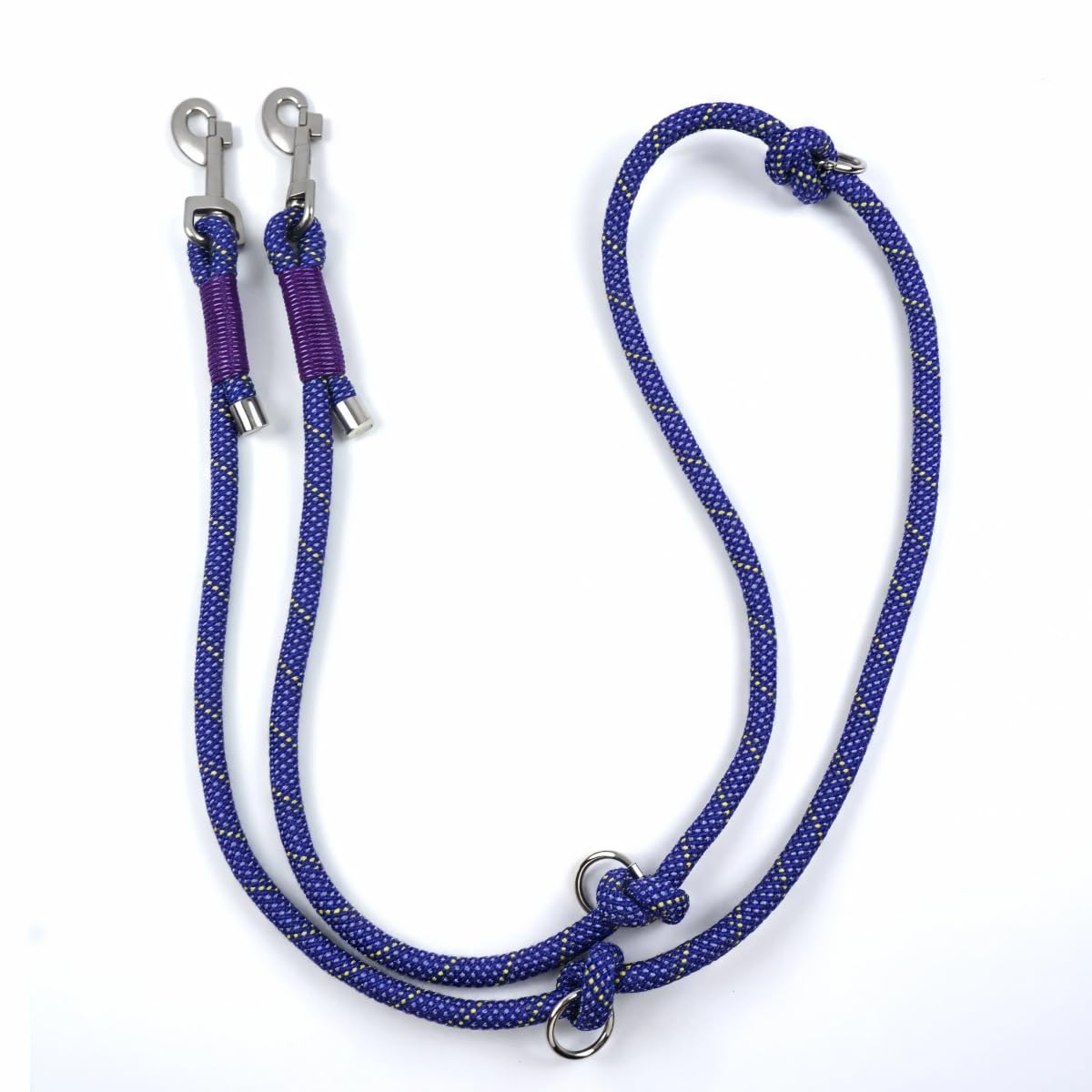 PODAPUCL Double Dog Lead for 2 Dogs, 2m Heavy Duty Rope Leash with Screw-Fixed Metal Caps, No Tangle 360° Swivel & Reflective Nylon for Walking Two Large Medium Dogs, 1.0cm Thick, Purple+Yellow