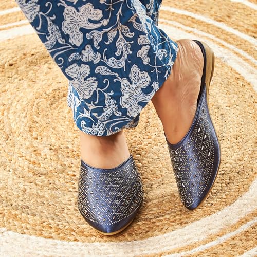 Image of Bellies for Women |Slip on Juttis Soft Padded |Stonework Mules for Ladies| Sparkling Upper |Back Open Casual Flats| Stylish Footwear Sandals for Ladies|Punjabi Mojari Half Shoes