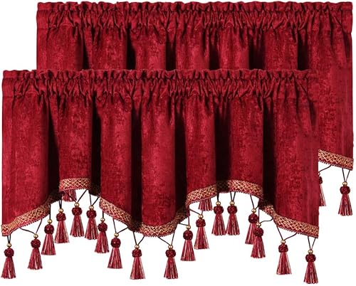 Vista 9 de ELKCA Double-Sided Chenille Window Curtains Tier for Kitchen,Rod Pocket, Burgundy Red Scalloped Valance for Living Room,Pack of 2(Burgundy Red, 52