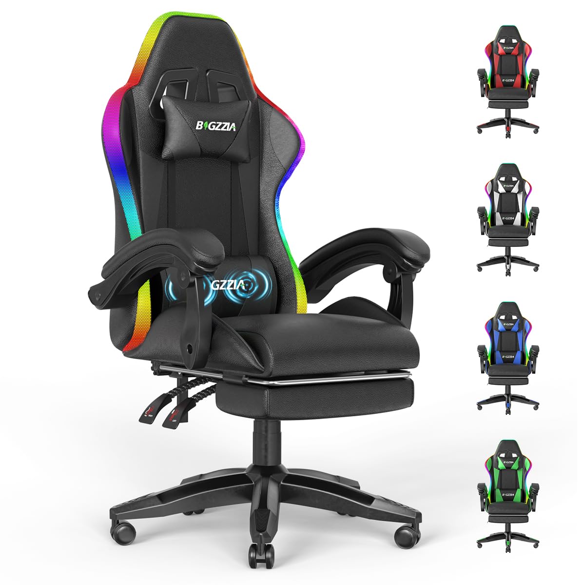 Racingreat LED Gaming Stuhl mit Massage, RGB Gaming Chair Massagefunktion mit Fußstütze, Höhenverstellung und 90°- 135° Neigung, PC-Stuhl für Kinder Junge Erwachsene (Schwarz)