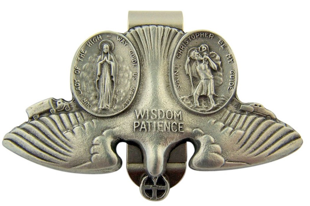 WJH Pewter Saint Christopher and Our Lady of The Highway Holy Spirit Dove Visor Clip, 3 Inch