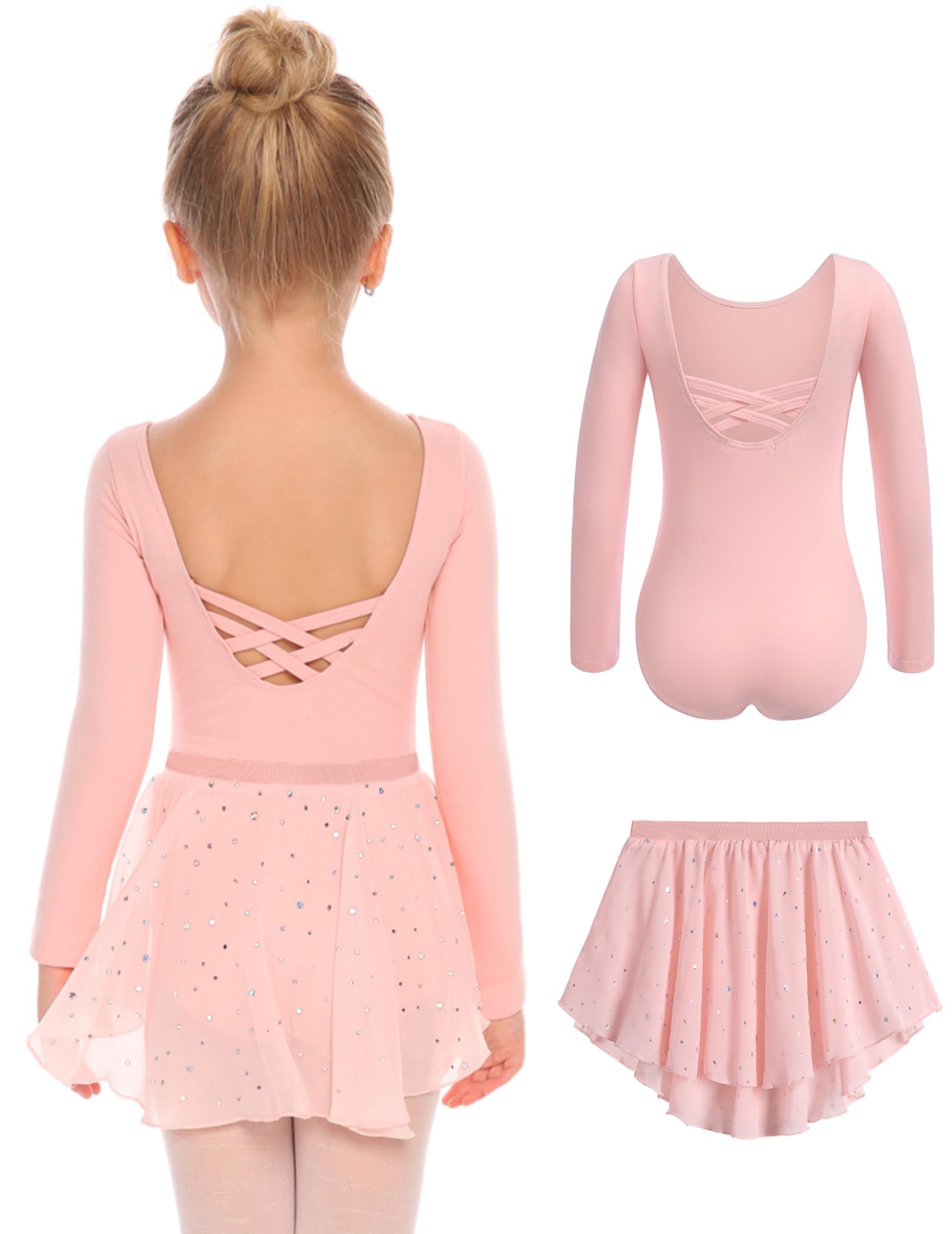 Arshiner Ballettkleidung Mädchen Rückenfrei Baumwolle Ballettkleid Balletttrikot Langzarm Tanzkleid Tanzbody mit Irregulär Chiffon Rock Tütü 2-10 Jahre