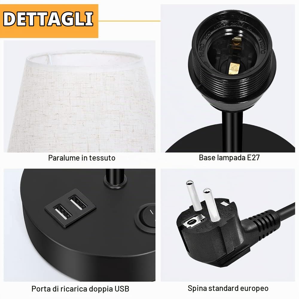 LIANTRAL Set di 2 lampade da comodino con 2 porte USB, E27, lampada da tavolo moderna, Paralume in tessuto, base in metallo, lampada da tavolo per camera da letto, soggiorno, ufficio