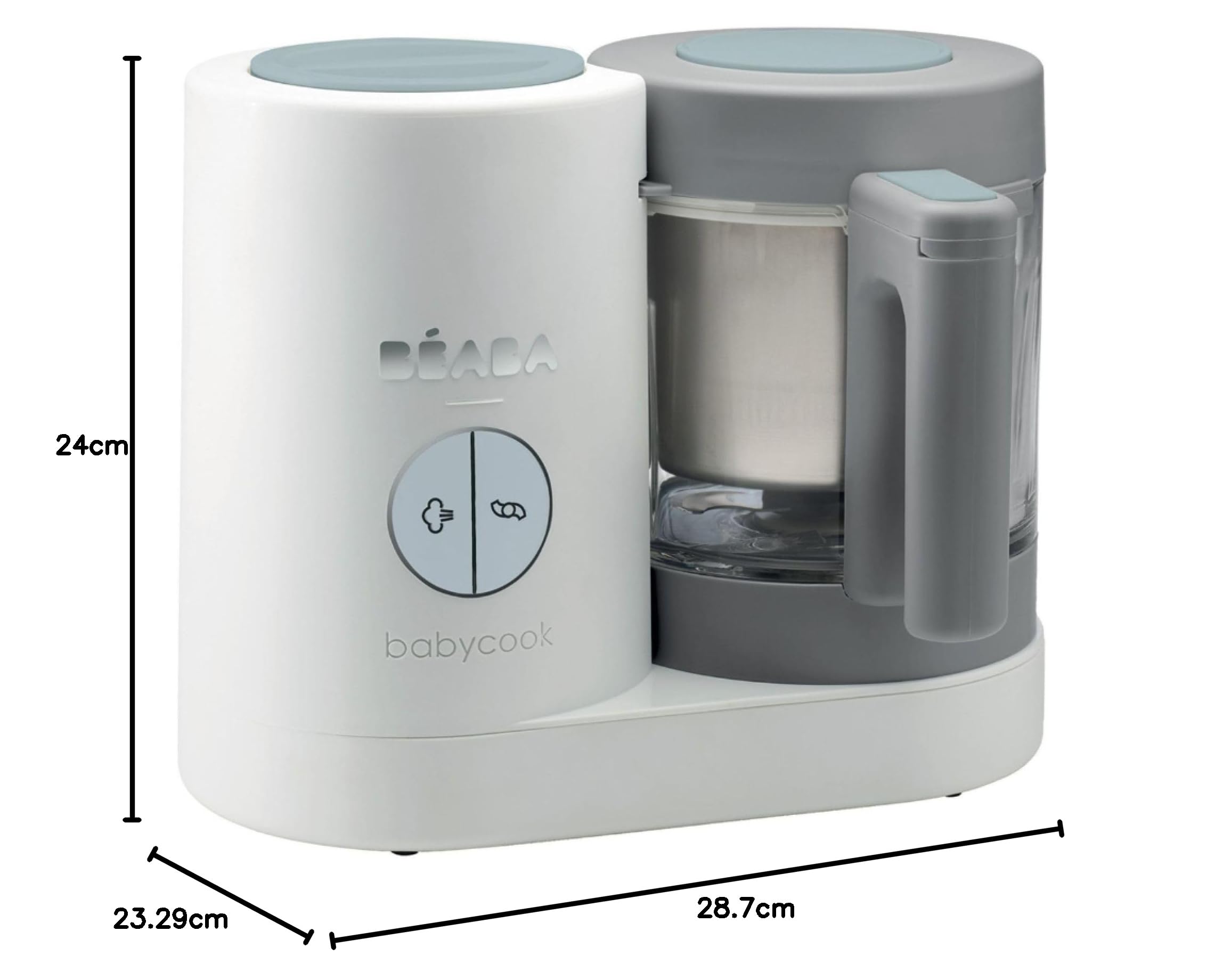 BÉABA Babycook Neo, Robot de cocina infantil, tritura, cocina y cuece al vapor, Rápido en 15 minutos, Recipiente de vidrio y cesta de acero inoxidable, Para Bebés y Niños, Gris/Blanco