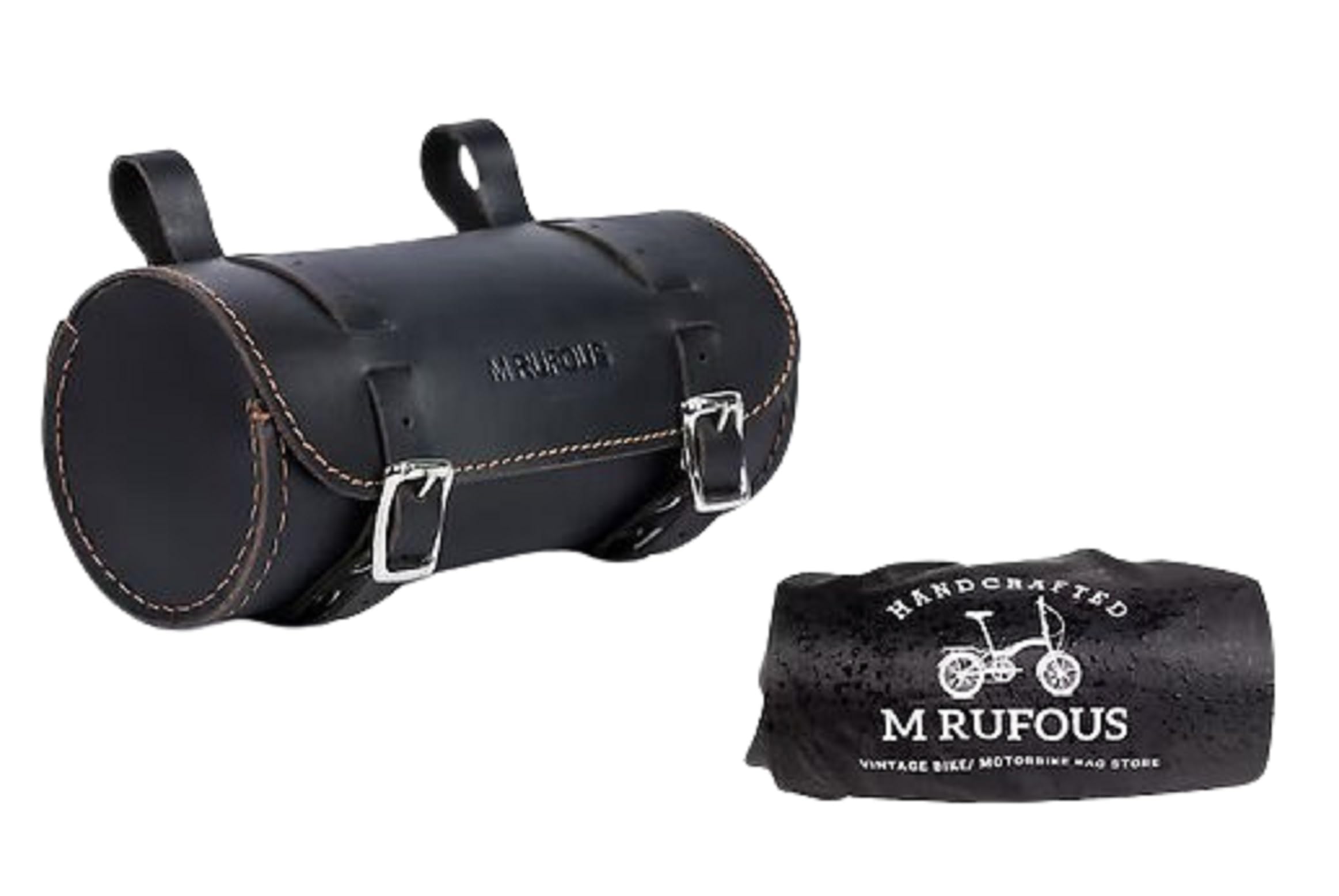 M RUFOUS Bicycle Leather Saddle Bag Motorcycle Tool Bag Pannier in Black Leather with Brass Buckle, Stylish and Functional Addition for Your Bike.