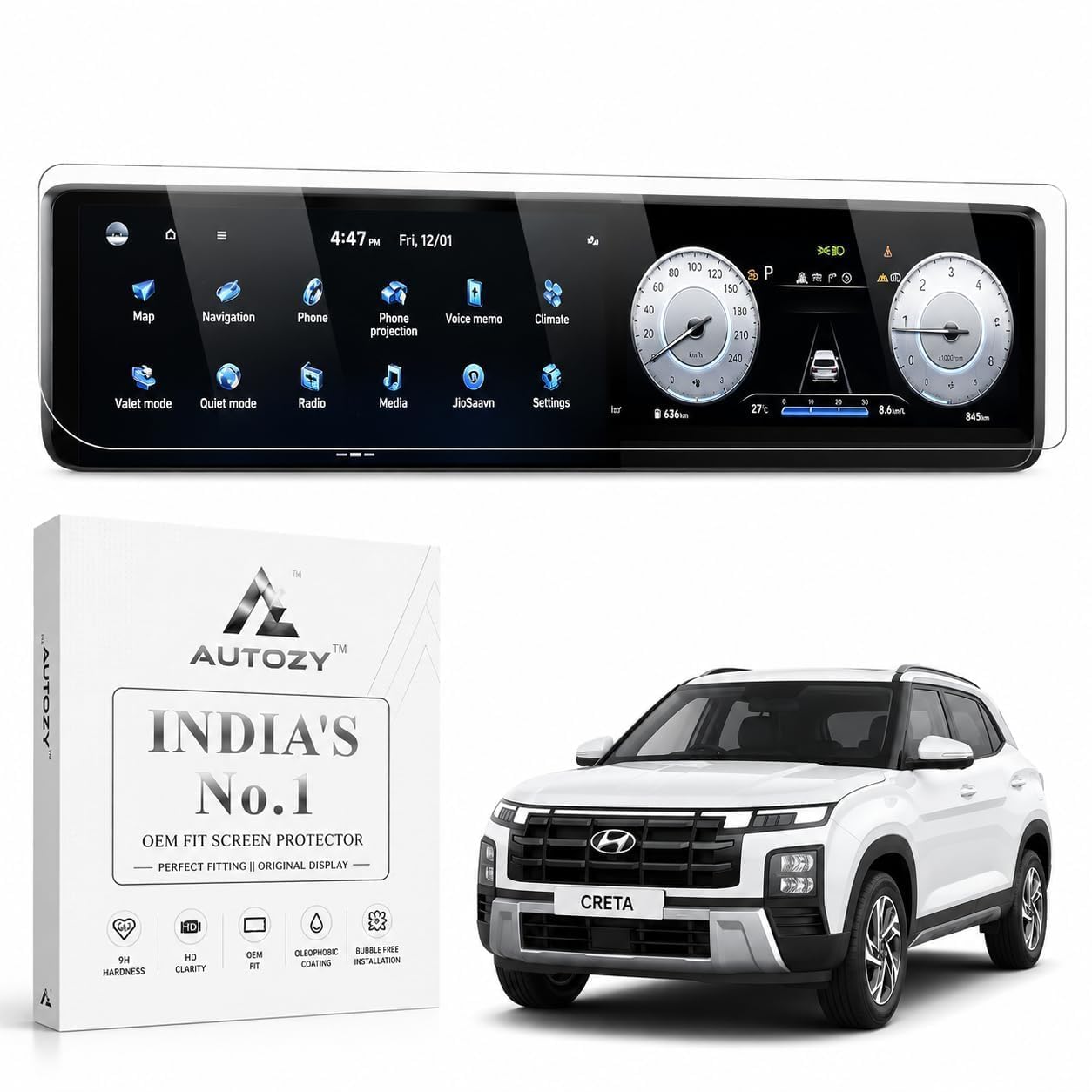 Car Infotainment Tempered Glass Screen Protector for Hyundai Creta | 9H Hardness, HD Clarity, Bubble-Free OEM Fit Dual Screen Navigation Guard-picture-29