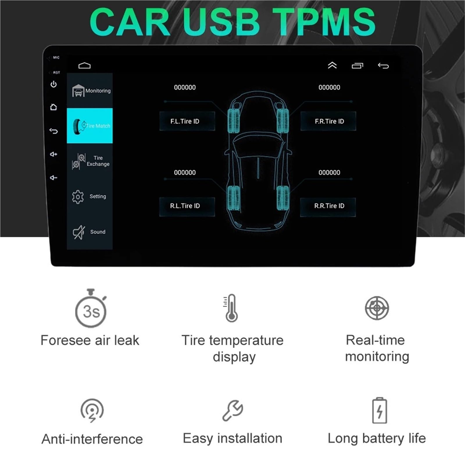 Monitoreo Presión Neumáticos para Automóvil para 4 Sensores Internos Y Externos para Radio, Multimedia Medidor Digital de Presión de Neumáticos(Built-in Sensor)