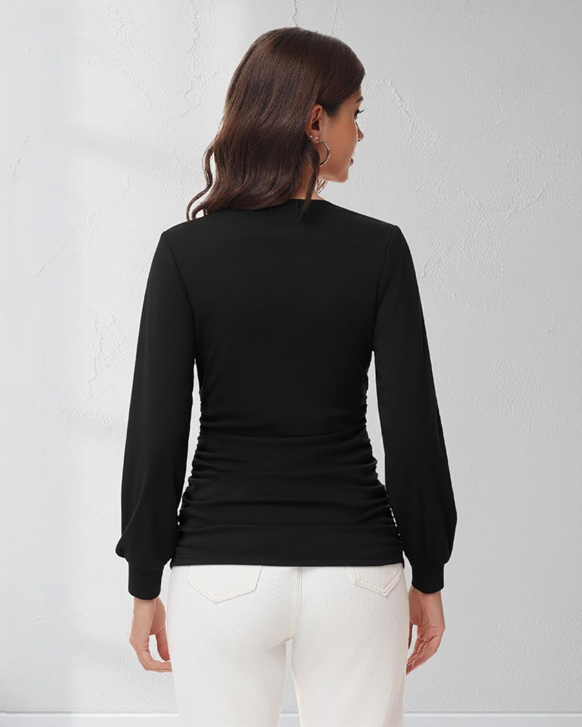 Women V Neck Long Sleeve Blouse Dressy Ruched Shirts Bell Sleeve Wrap Top 2025 Trendy Casual Elegant Work Outfit - Image 4