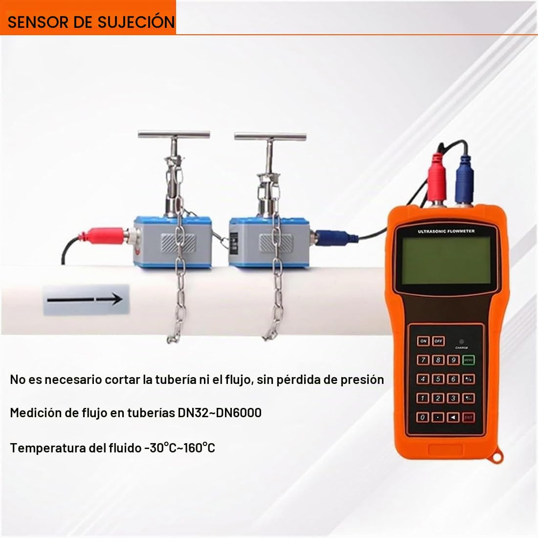 Caudalímetro Ultrasónico Portátil,Medidor De Flujo Ultrasónico Digital,Precisión ±1% con Registrador De Datos,Medidor De Flujo De Agua Líquido,Transductor Estándar,-30~90°C,DN300-DN6000