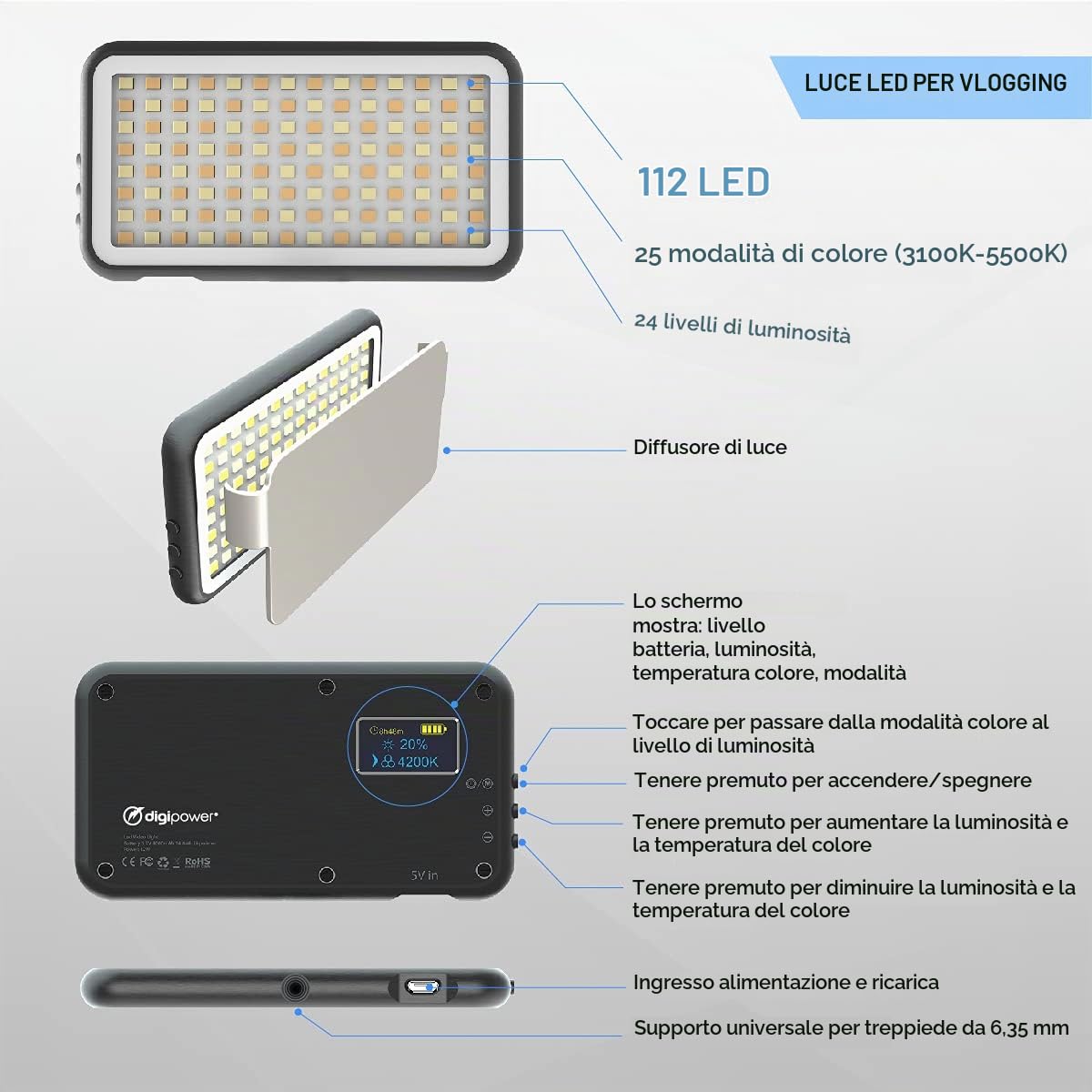 DigiPower - L'istruttore - Treppiede per iPhone con Telecomando e Luce (Include Microfono, Luce LED, treppiede e Supporto per Telefono) - Lavora Insegna e impara da Home Video Kit Professionale