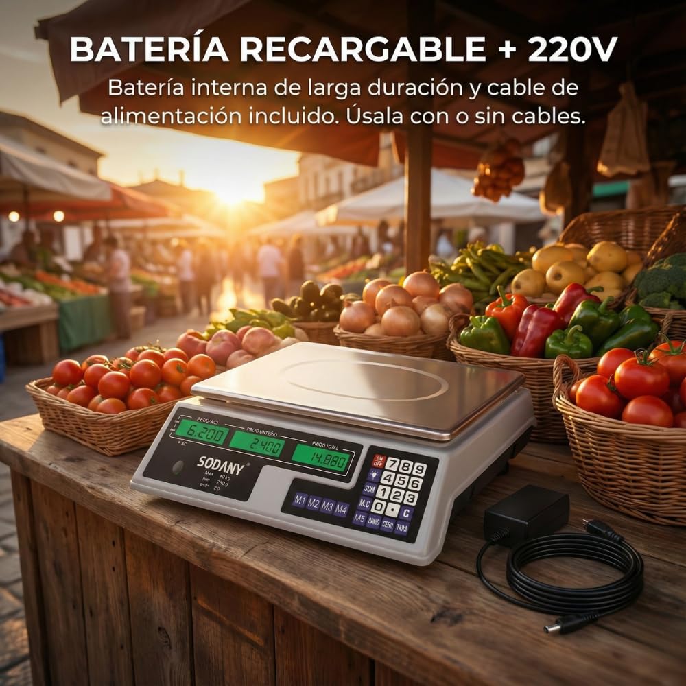 Báscula Comercial 40kg/2g Balanza Digital Profesional con Doble Pantalla LED Verde (3 Visores), Batería Recargable, Plato Acero Inoxidable. Ideal para Frutería, Mercadillo y Tiendas