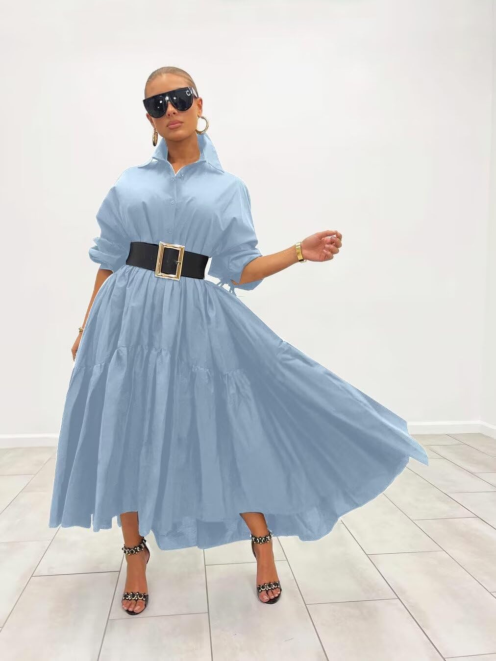 Women's Long Sleeve Maxi Shirt Dress Elegant Button Down Loose Swing Party Dress - Image 2