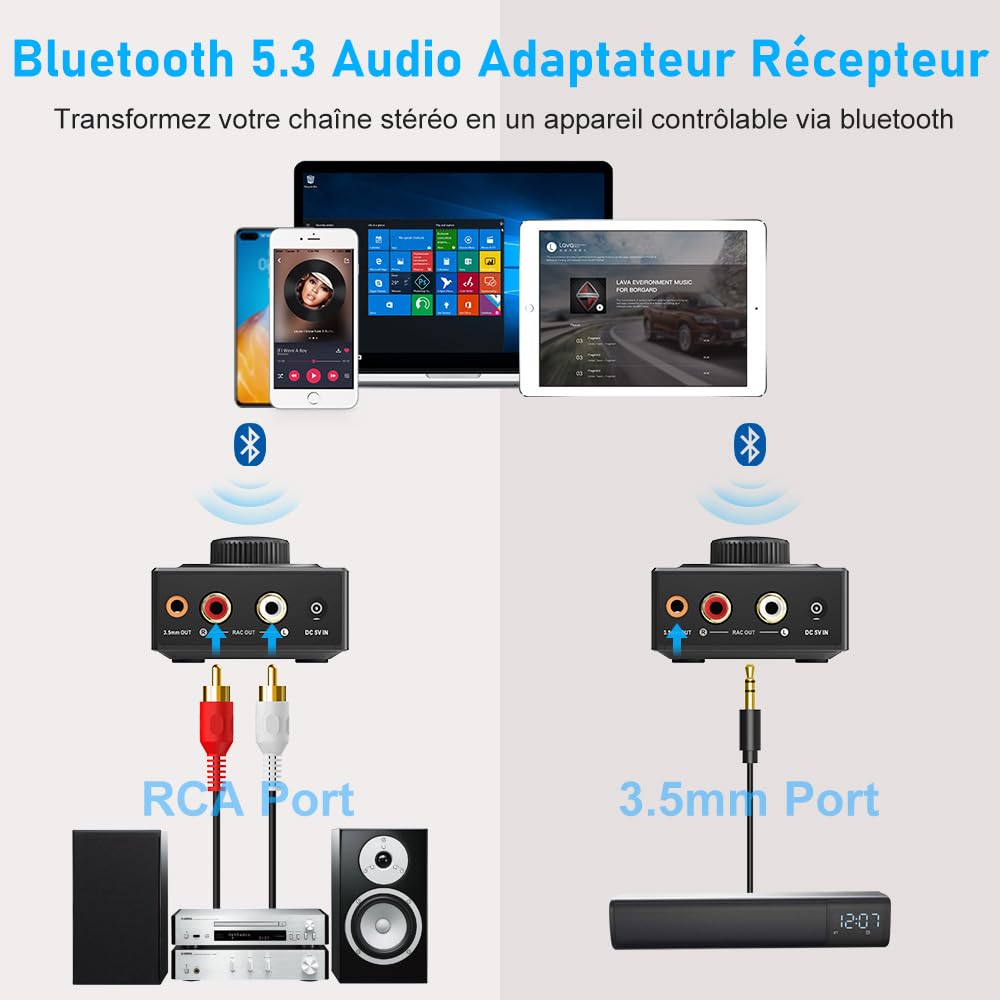 YMOO LDAC Recepteur Bluetooth 5.3, RCA 3,5 mm Jack AUX Adaptateur Bluetooth SBC AAC,Stereo Audio HiFi Receiver pour Smartphone, Tablette, Ordinateur Portable, Enceinte Home Cinema,100ft (Blue)