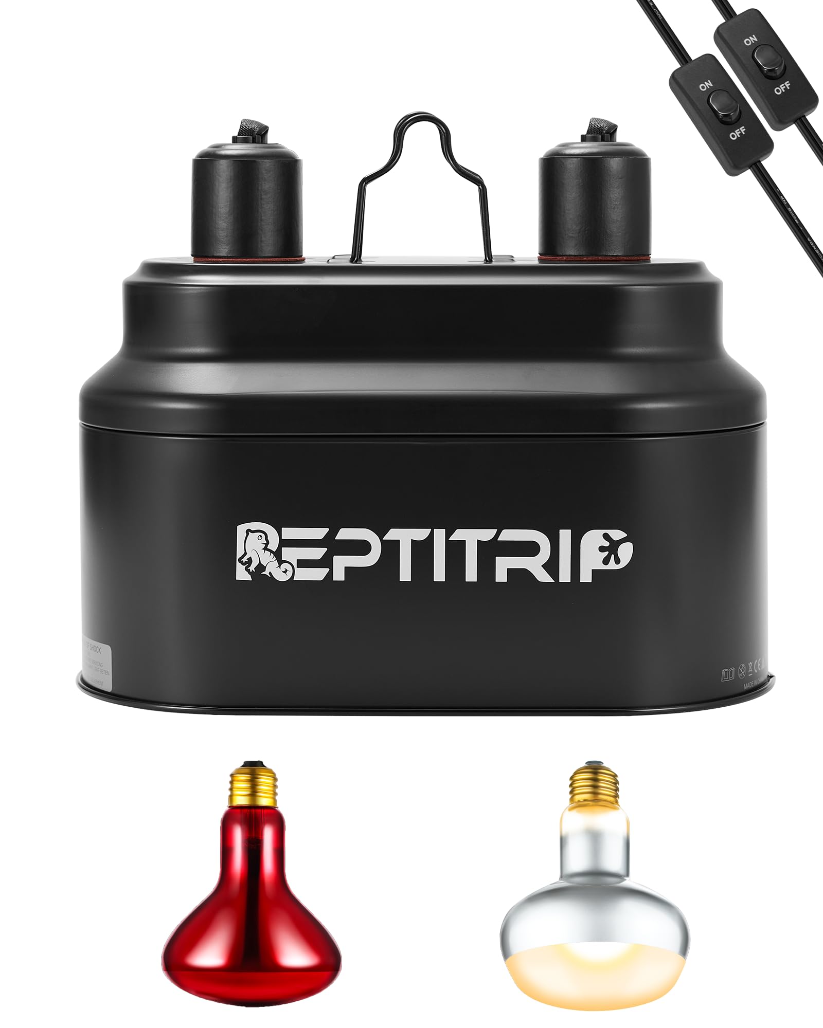 Dual Reptile Lamp Fixture with 100W Daytime Heat & 100W Nighttime Infrared Heat Bulbs, 2 Independent Switches, Reptile Heat Lamp Combo Pack - No UVB