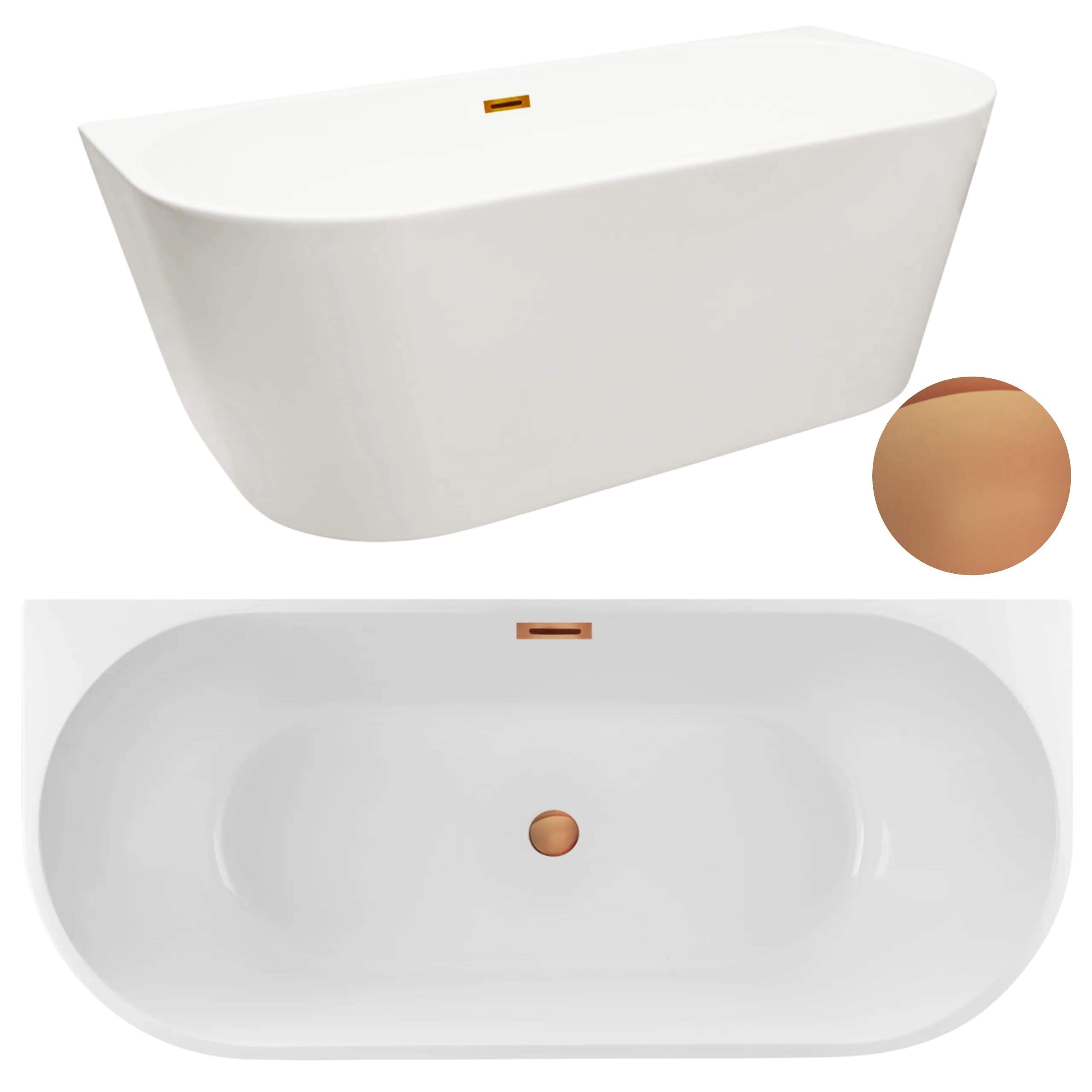 AQUAUNO Bañera acrílica independiente de 150 x 75 cm para montaje en pared de acrílico sanitario de alta calidad, con desagüe clic-clac, rebosadero, cubierta, desagüe en cobre, diseño de bañera