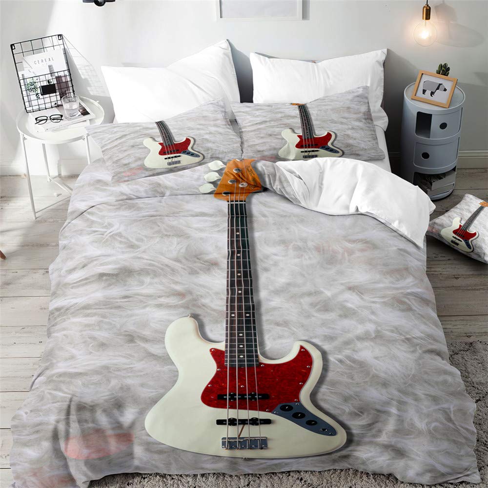 Surwin Men's Beth Bedding Set Microfiber 3Pcs For Double Single Size, 3D Guitar Duvet Cover Set With Music Printing Quilt Cover & 2 Pillowcases For King Super King Adult Kids (,Single 135X200cm)
