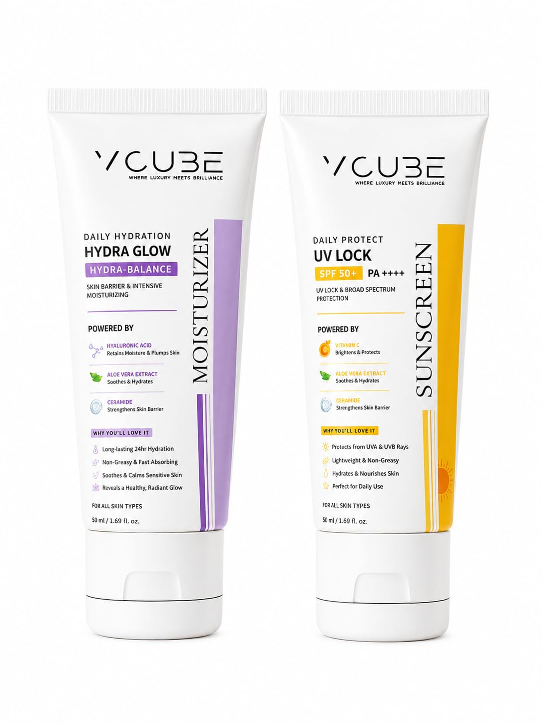 VCUBE Hydra Glow & UV Lock Daily Skincare Combo | Moisturizer for 24H Hydration + SPF 50+ PA++++ Broad Spectrum Sunscreen | Non-Greasy, Fast Absorbing | Suitable for All Skin Types-image-31