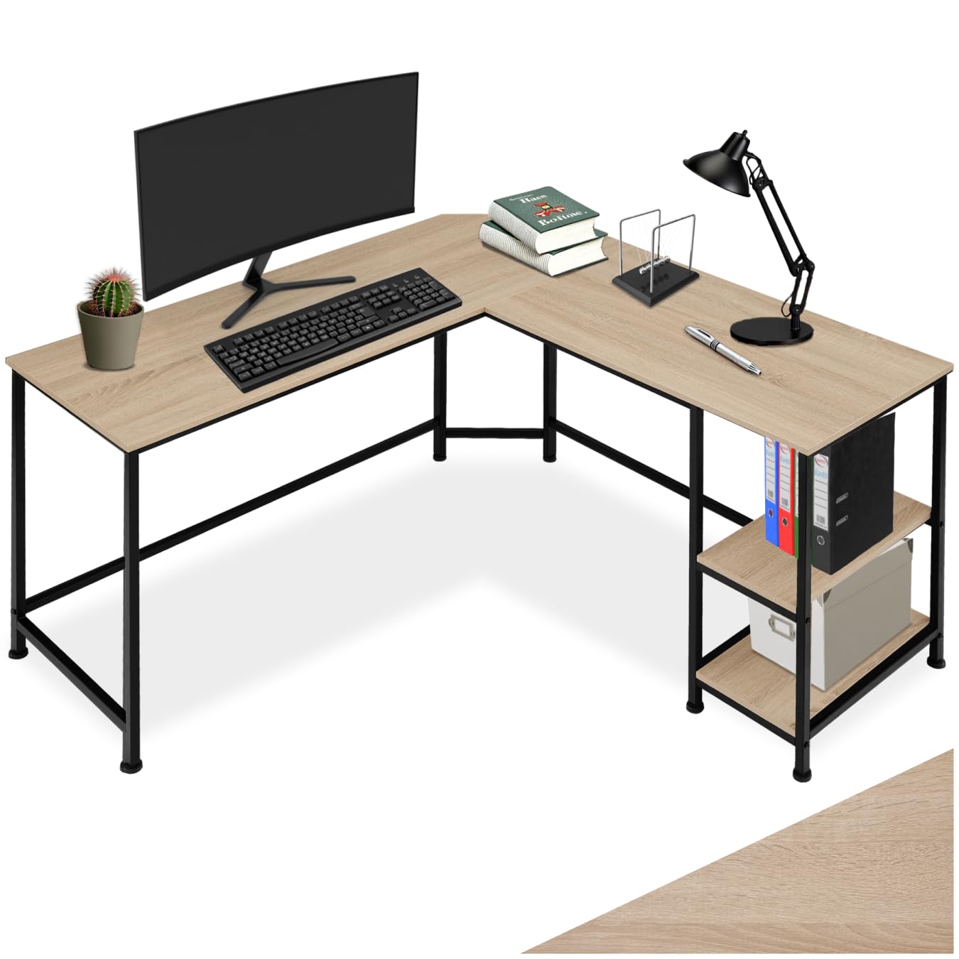 tectake® Escritorio de Esquina, Mesa en L con Estantes, Mesa Escritorio para Ordenador, Escritorio Industrial Madera Acero, Mesa de Oficina, Escritorio Estudio - Madera Industrial Clara, Roble Sonoma